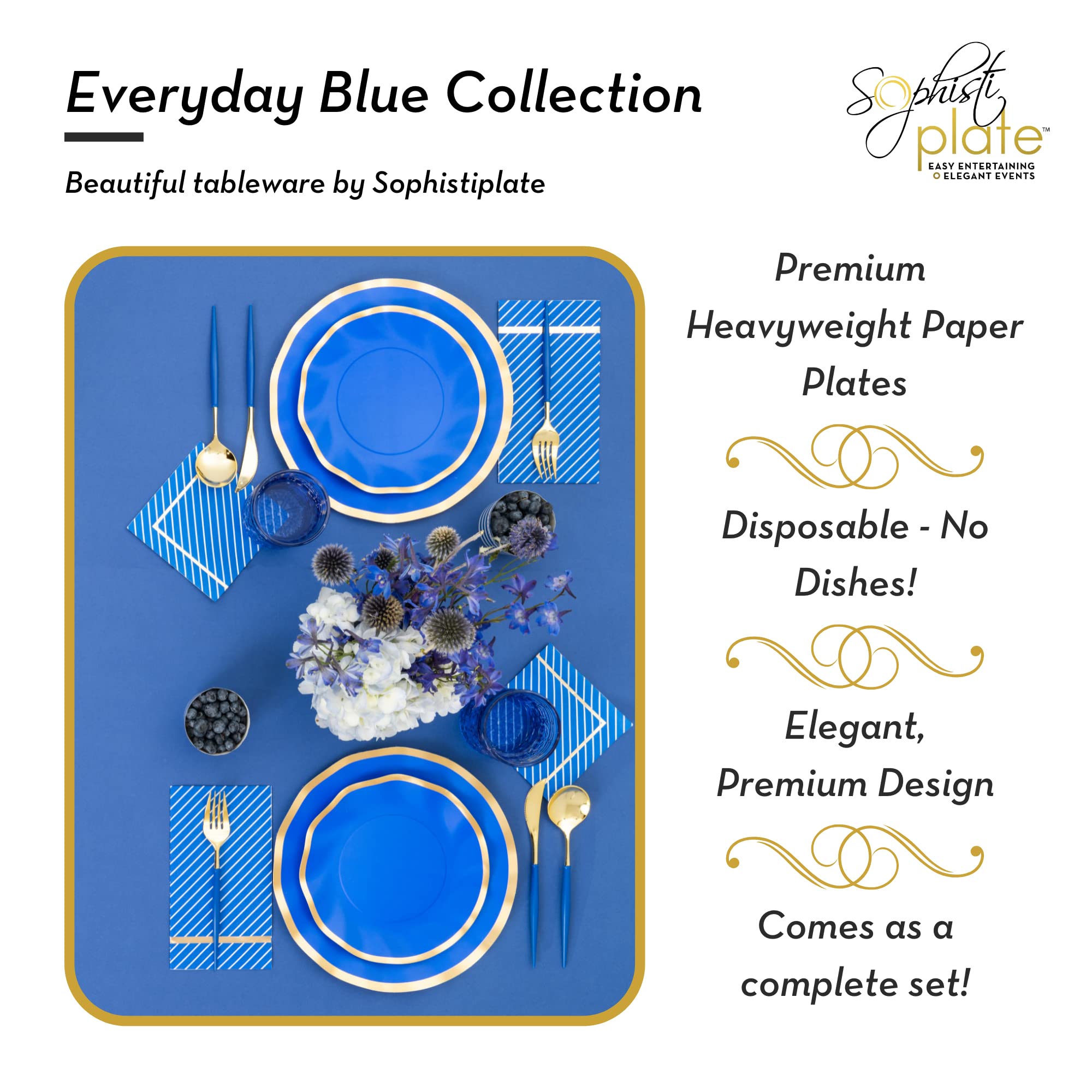 Sophistiplate Premium Heavyweight Disposable Paper Plates Set - 8 Dinner Plates, 8 Salad Plates, 20 Cocktail Napkins & 20 Guest Napkins in Everyday Blue - Elegant Tableware for Parties, Weddings & Everyday Dining