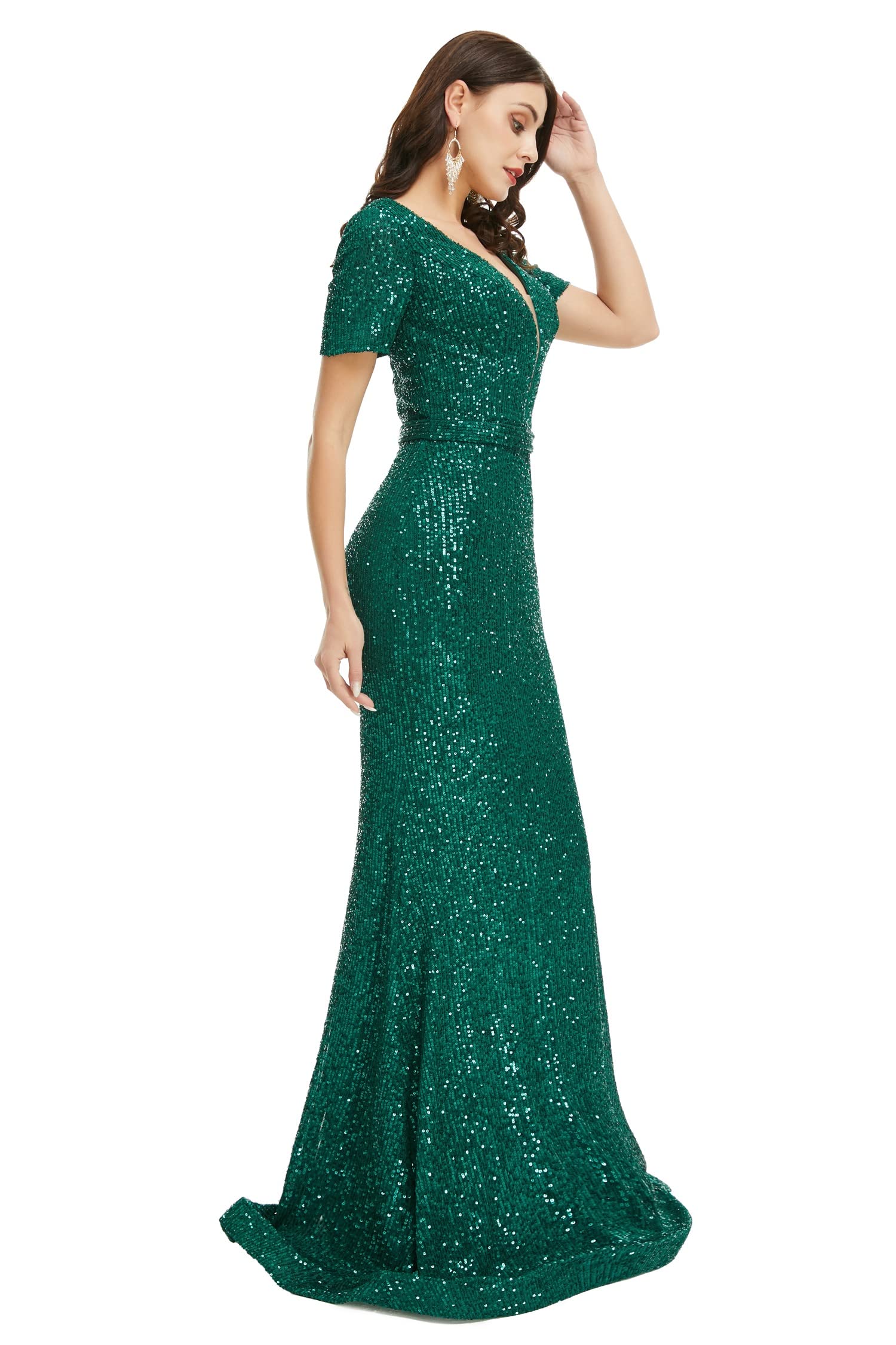 Sparkly Sequin Mermaid Evening Dress for Women - V-Neck Short Sleeve Prom Party Gown, Formal Bridesmaid & Wedding Guest Dress - Perfect for Cocktail Parties, Galas & Special Occasions