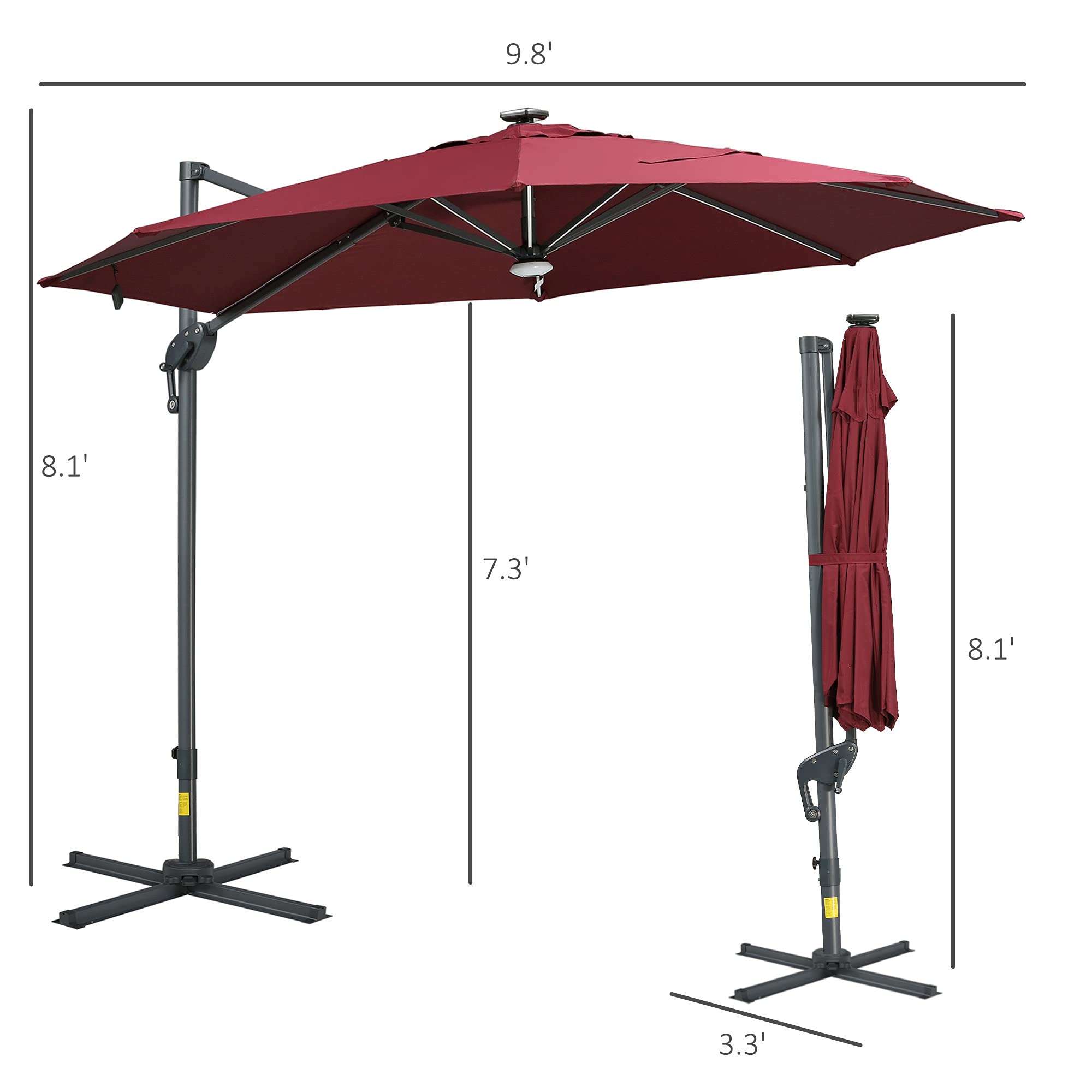 Outsunny 10ft Solar LED Cantilever Patio Umbrella - Aluminum Hanging Offset Outdoor Sun Shade with 360° Rotation, Built-in Lights, Adjustable Tilt & Crank, Heavy-Duty Cross Base - Perfect for Poolside, Backyard, Deck, and Garden Relaxation