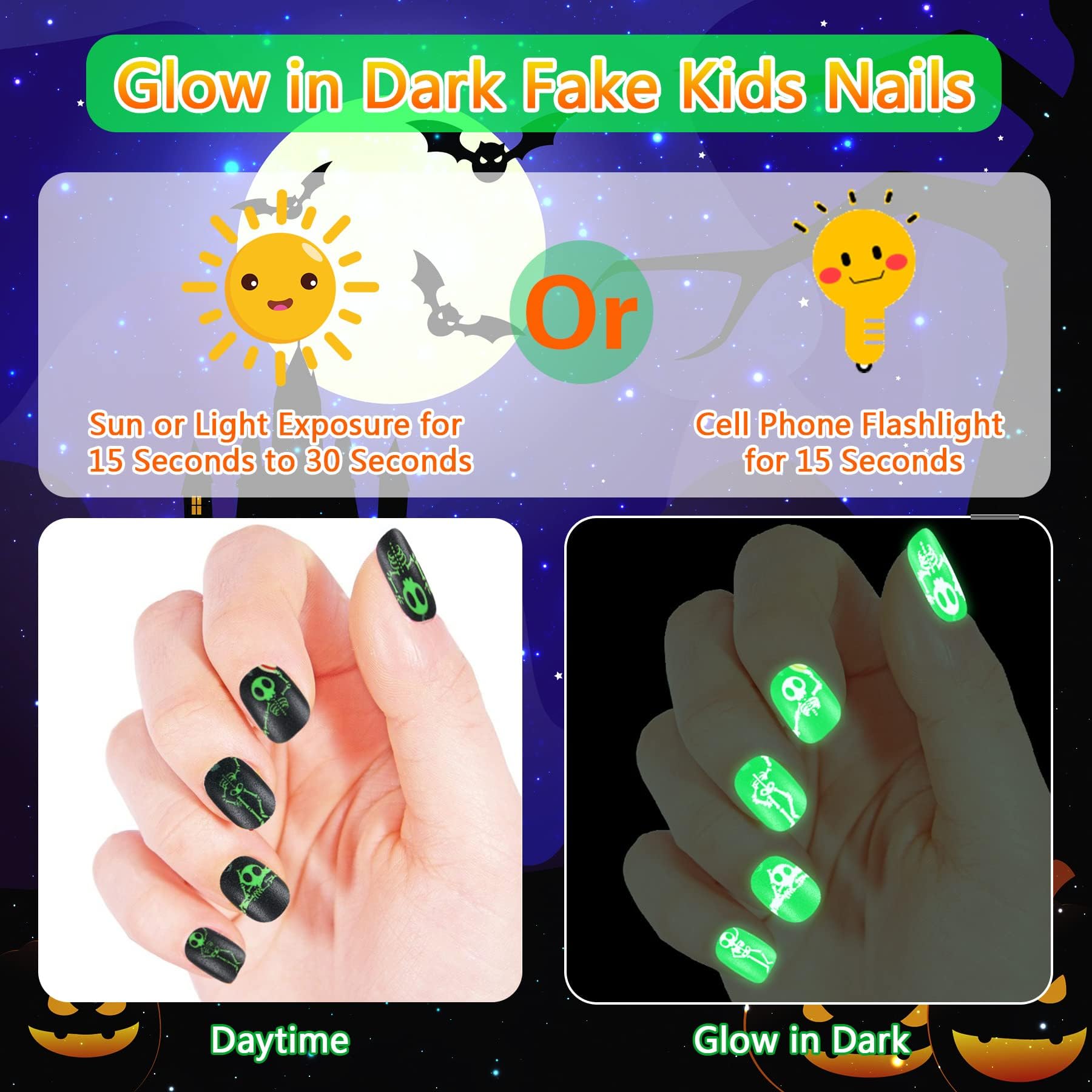 JANYUN Halloween Glow in the Dark Kids Fake Nails - 192 Pcs Short Glowing False Nails with Pumpkin, Spider & Bat Designs for Girls, Nail Art Party & Halloween Costume Accessories (Perfect for Trick-or-Treating, Costume Parties & Spooky Nail Decorations)