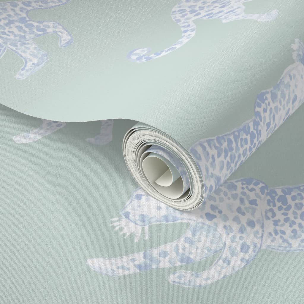 Peel & Stick Removable Wallpaper 9ft x 2ft - White Light Blue Sage Spots Animal Leopard Print Soft Green Custom Wallpaper by Spoonflower | Perfect for Nursery, Bedroom, Office & Home Decor
