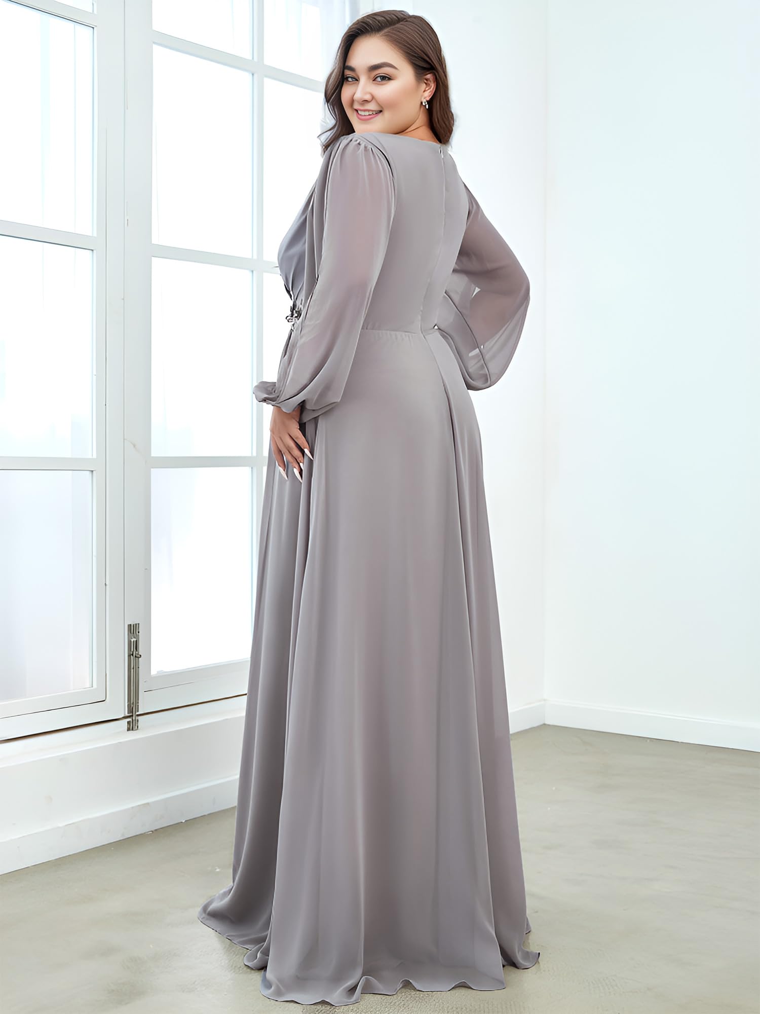 Ever-Pretty Plus Size Women's Formal Dress - Floor Length V-Neck Floral Applique Lantern Sleeve Gown for Curvy Women | Wedding Guest, Prom, Evening Party & Special Occasion Wear