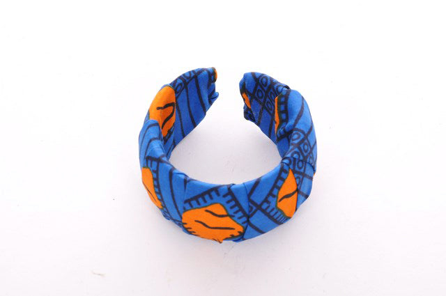 Blue Orange African Print Bangle DPBG3034 - Handmade Ethnic Wooden Bracelet for Women, Boho Chic Jewelry for Parties & Festivals