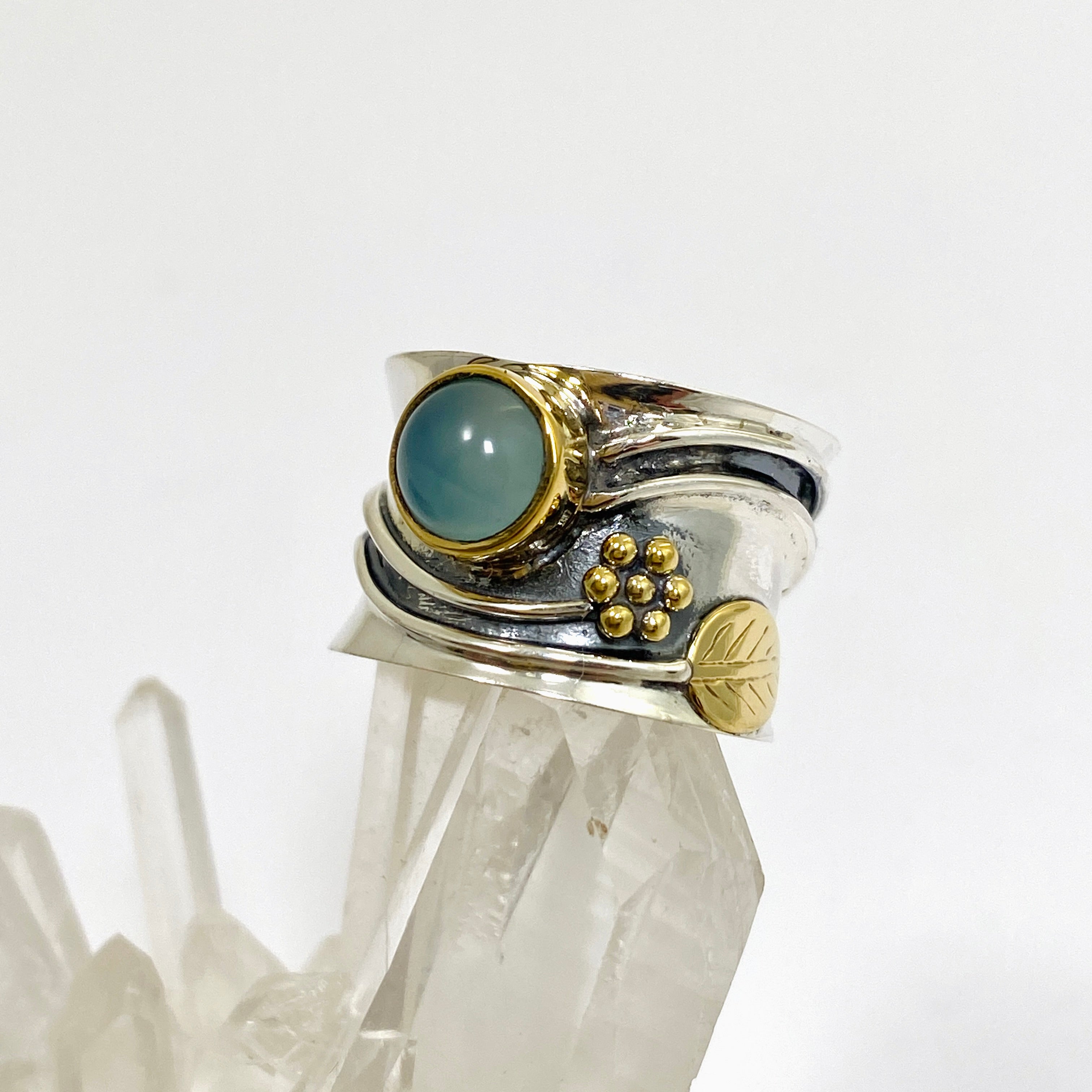 Blue Chalcedony Round Cabochon Ring - Sterling Silver Decorative Setting R4198 | Elegant Jewelry for Women, Perfect for Weddings & Special Occasions