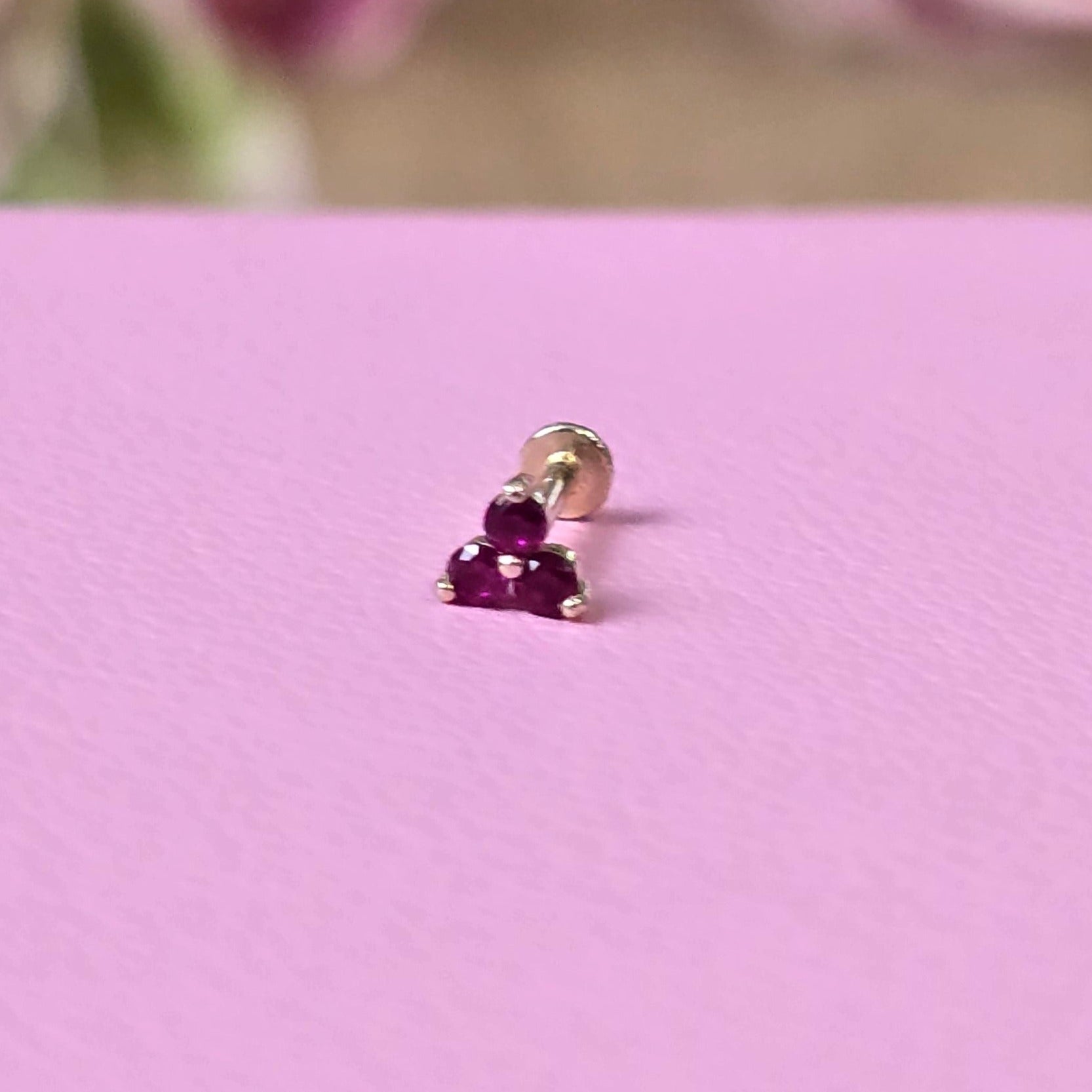 14K Yellow Gold Pink Ruby Trinity Cluster Stud Earrings for Women - Elegant Flat Back Design for Daily Wear, Parties & Gifts