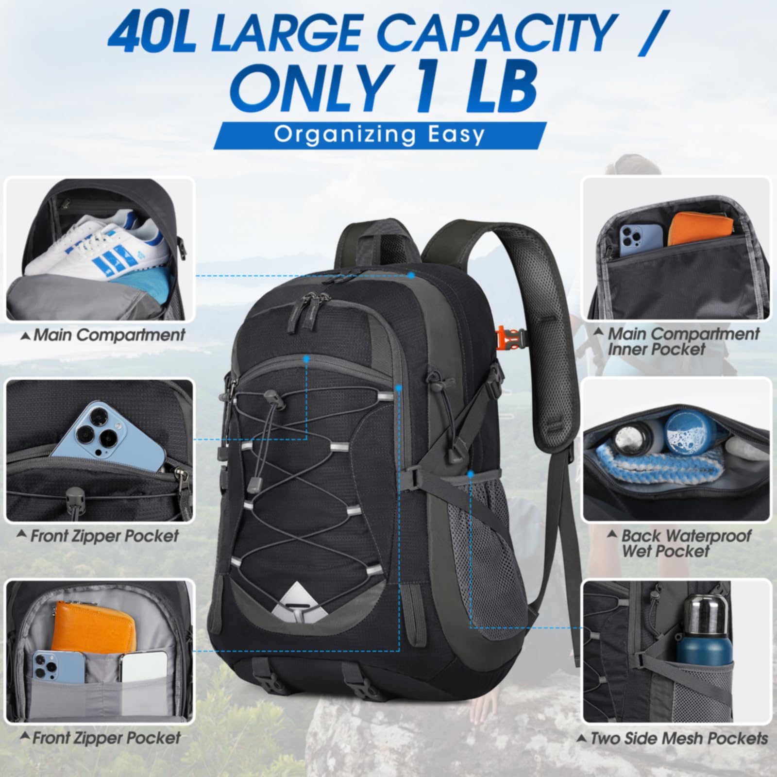 IGOLUMON 40L Lightweight Hiking Backpack - Waterproof Camping Backpack for Men & Women, Foldable Travel Daypack for Outdoor Adventures, Hiking, Camping & Travel