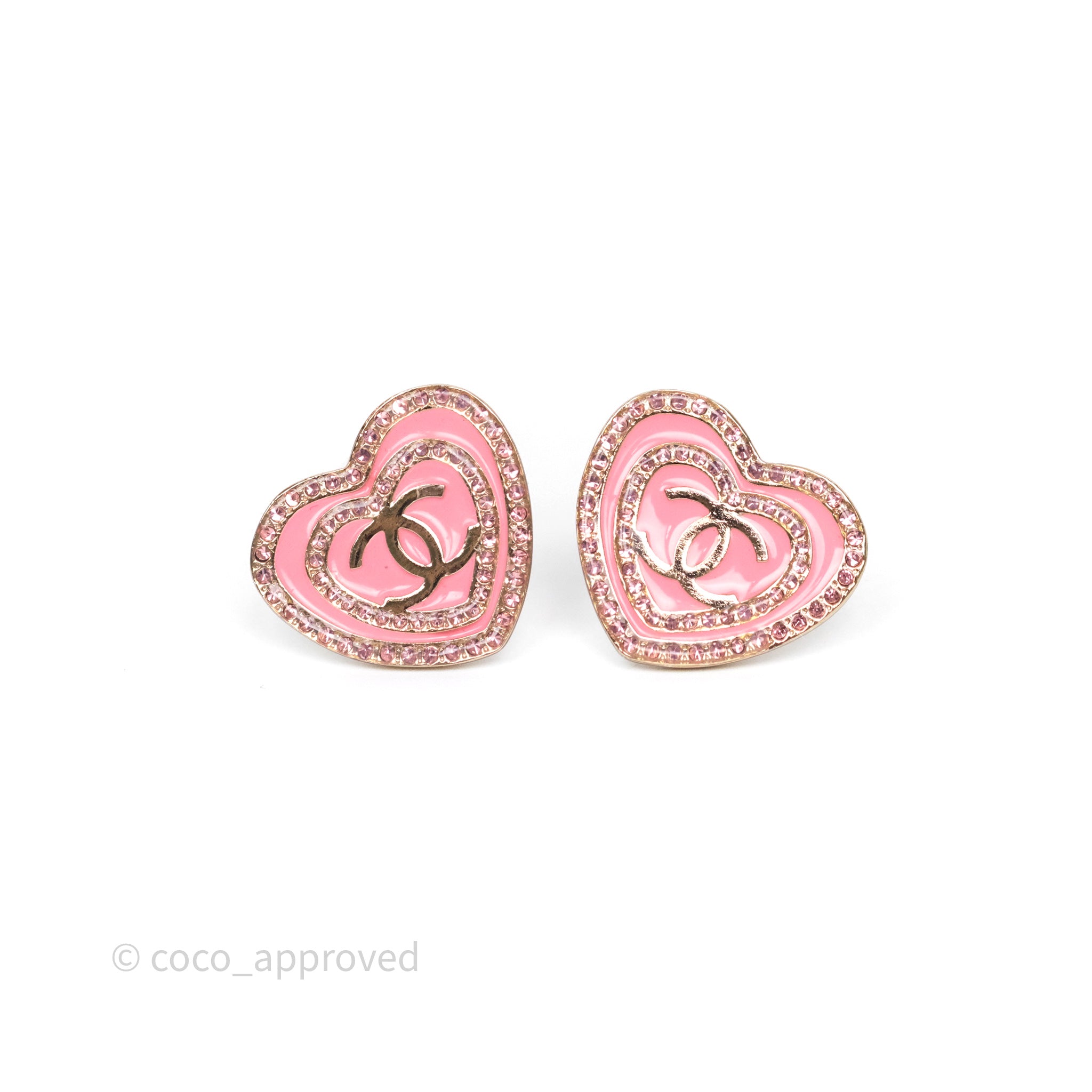 Chanel CC Heart Earrings with Pink Crystals - Gold Tone 24S - Elegant Jewelry for Women, Perfect for Valentine's Day Gifts, Date Night & Special Occasions