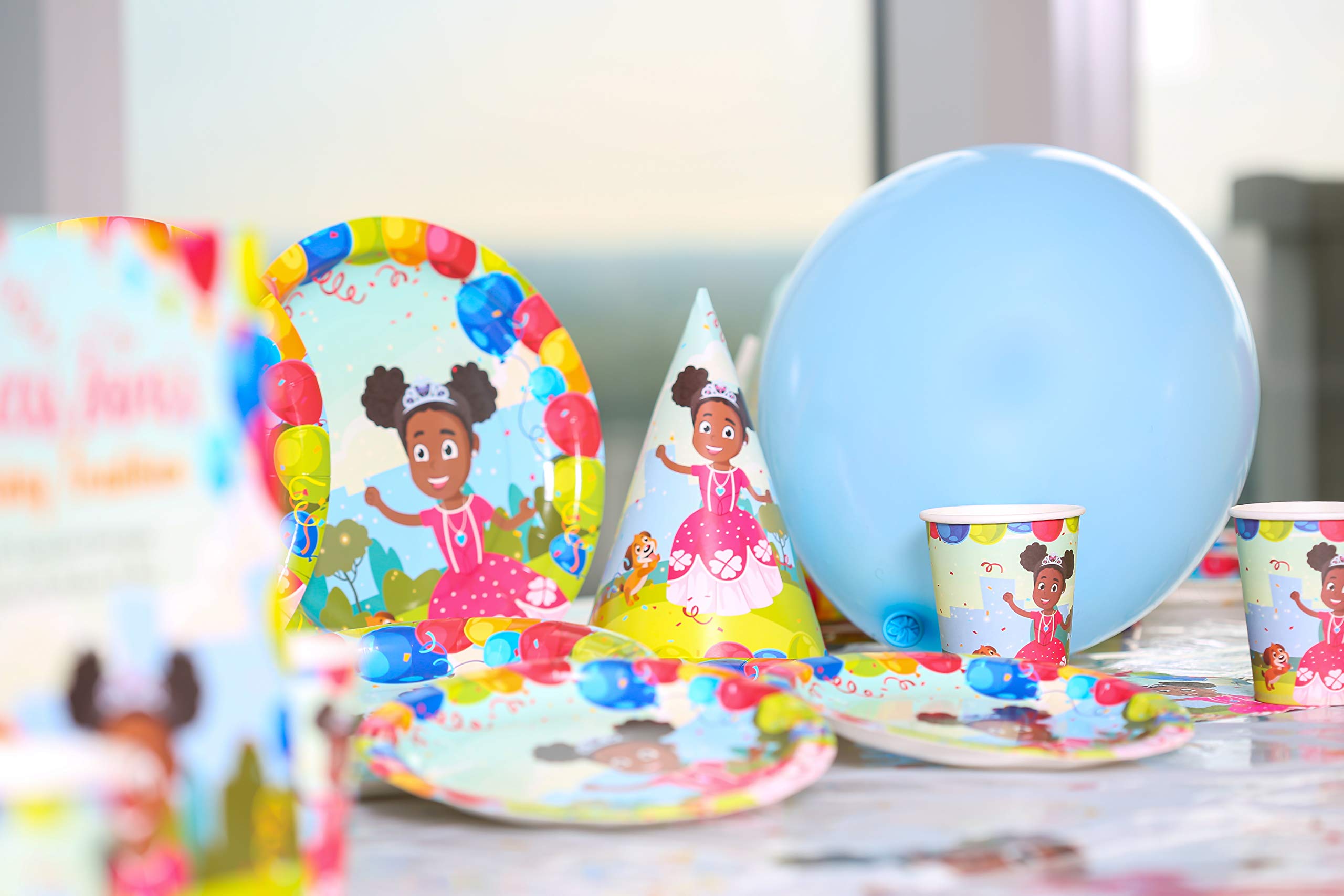 Princess Zara & Ziggy Birthday Party Supplies Set - 16-Piece Tableware Kit with Disposable Plates, Cups, Napkins, Tablecloth, Banner & Bonus Balloons - Perfect for Princess Themed Birthday Celebrations & Kids' Parties