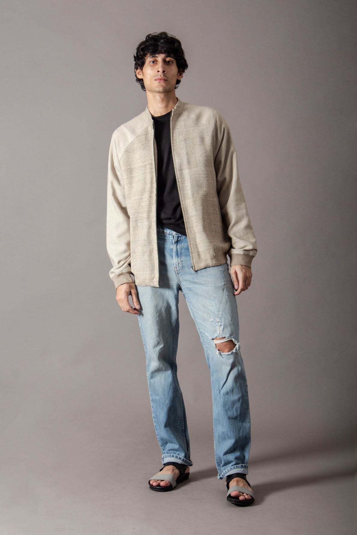 Premium Jaanbaaz Bomber Jacket - Soft Cotton & Eri Silk Blend in Beige & Grey | Stylish Outerwear for Men's Casual & Streetwear Fashion