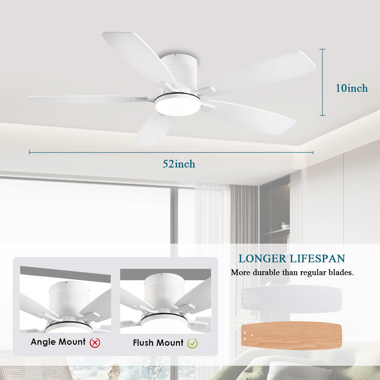 52 Inch White Ceiling Fan with Light Kit & Remote Control - Low Profile Flush Mount, Reversible Dimmable Motor, Ultra Quiet - Perfect for Bedroom, Living Room, Indoor/Outdoor Use