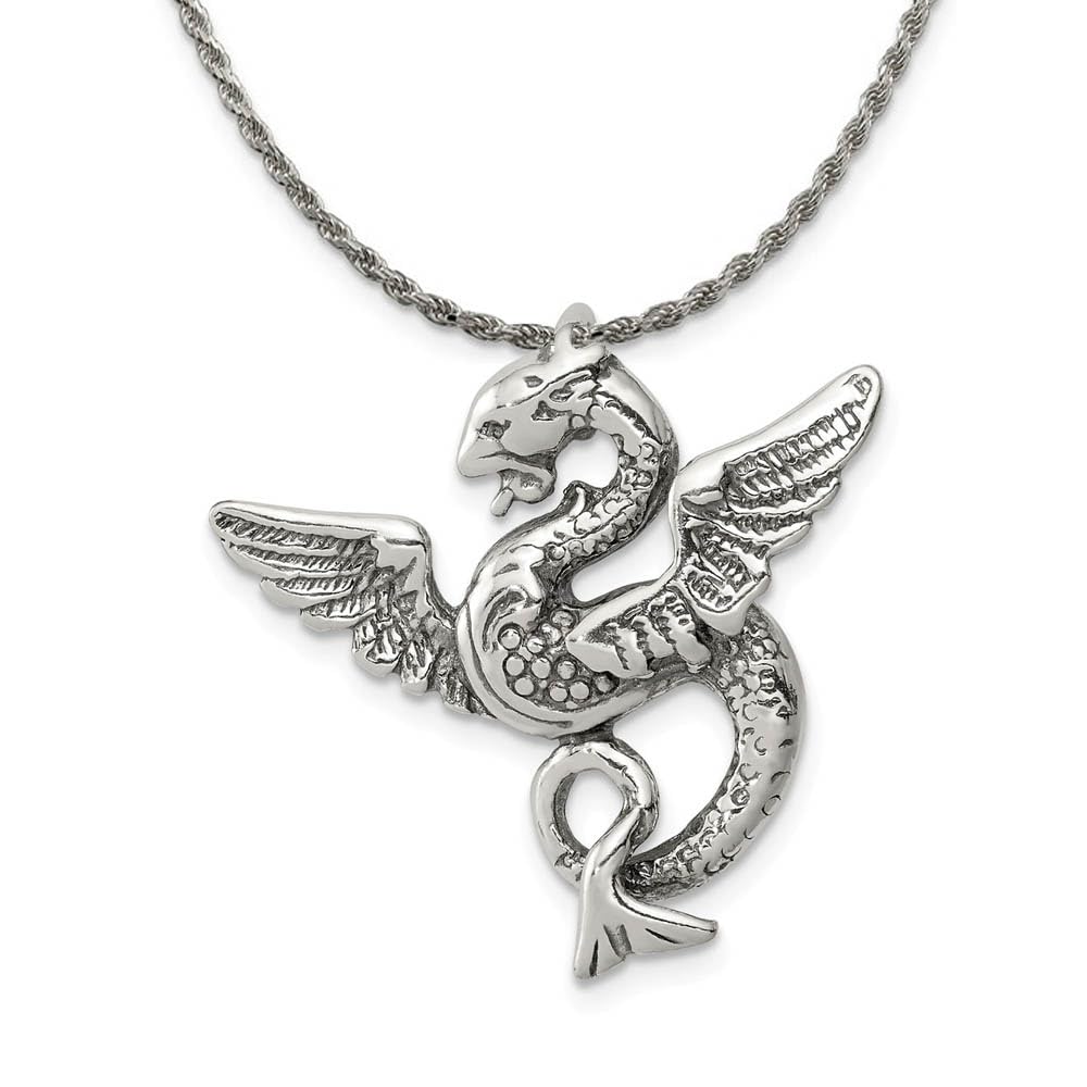 Antiqued Dragon Slide Pendant Necklace - 26mm Sterling Silver Black Bow Jewelry for Women, Gothic Fashion Accessory | Perfect for Halloween, Cosplay, and Medieval-Themed Events