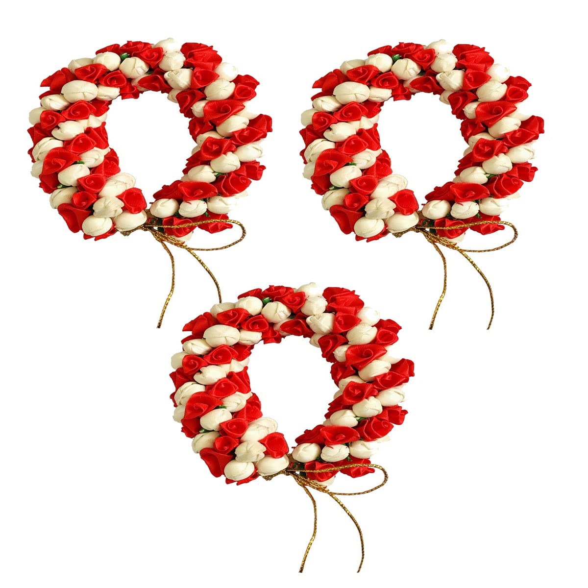 VinshBond Bun Hair Mogra Gajra Flower Hair Accessories - Pack of 3 (Red & White) for Weddings, Indian Festivals & Traditional Hairstyles