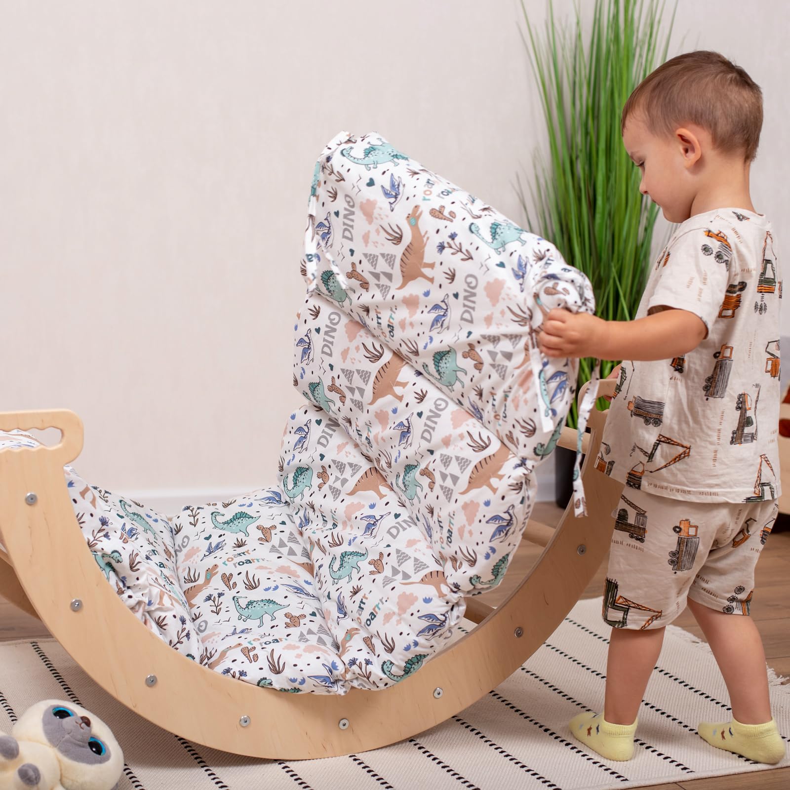 **Wooden Climbing Arch Cushion for Toddlers - Soft Play Pillow for Kids, Handmade Montessori Furniture - Perfect for Indoor Playrooms, Daycares & Dino-Themed Nurseries**