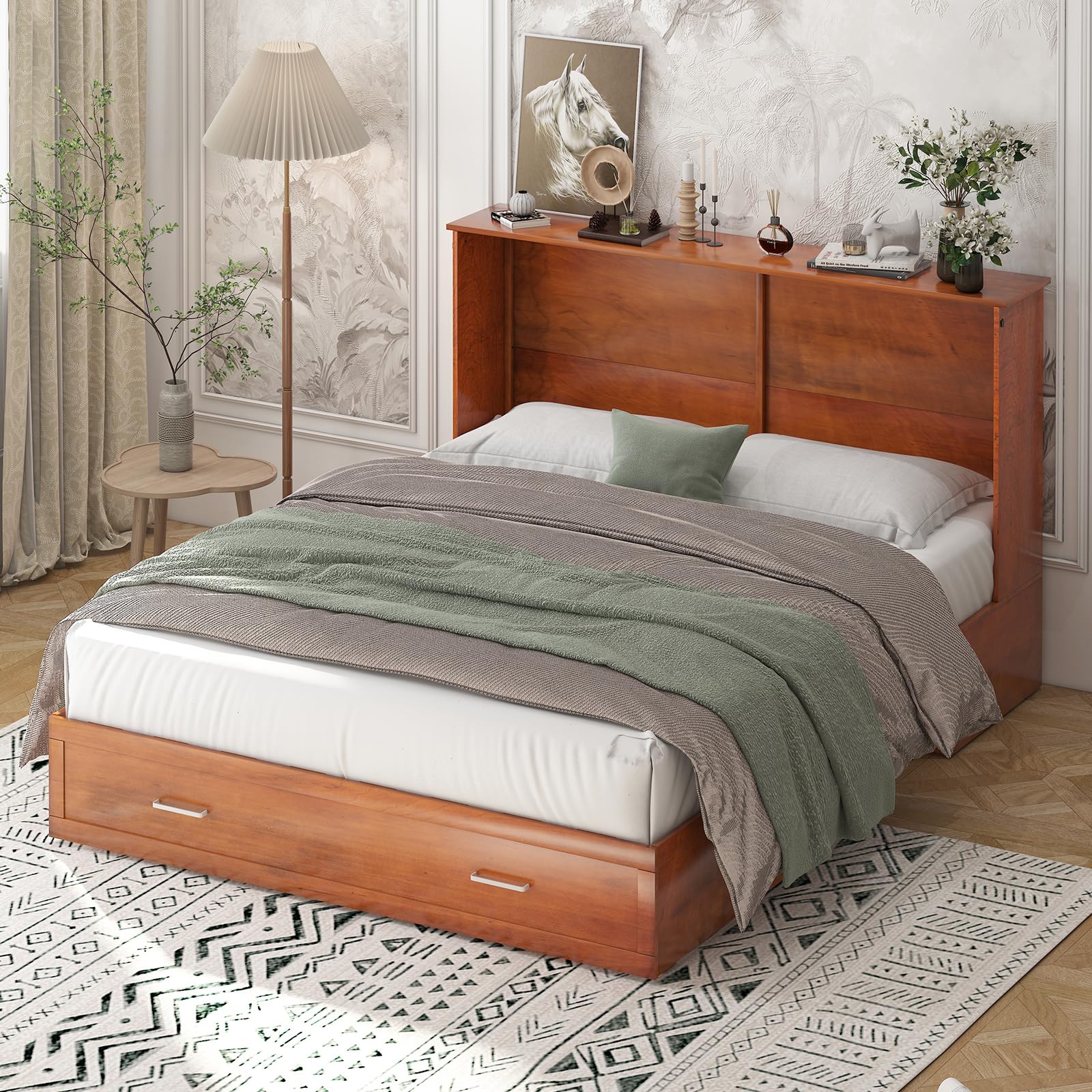 BALUS Queen Size Murphy Bed Cabinet with Memory Foam Mattress - Wall Bed with USB Charging Port, Large Storage Drawer & Easy Assembly - Space Saving Guest Bed for Small Apartments, Home Office & Studio (Cherry Finish)