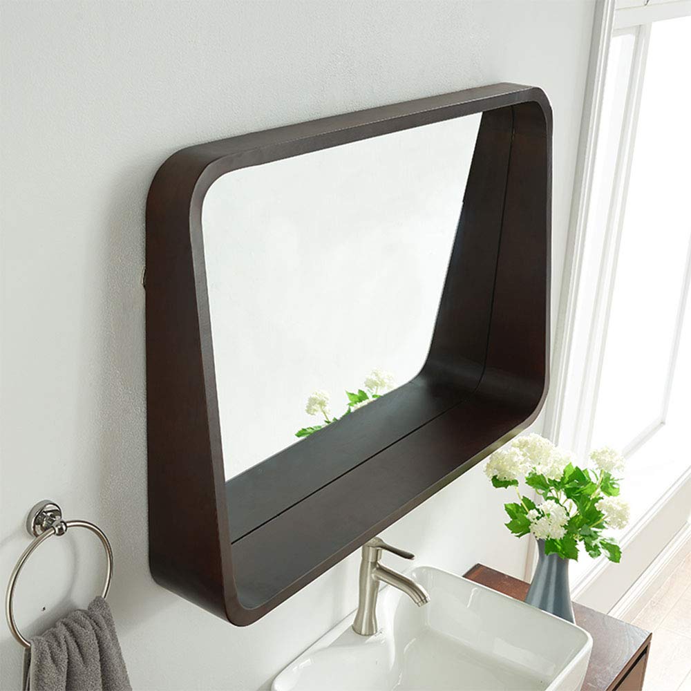80x60cm Rectangular Polished Safety Wall Mirror with Solid Wood Frame & Storage Shelf - Black Home Decor for Bedroom, Living Room, Entryway & Bathroom Organization