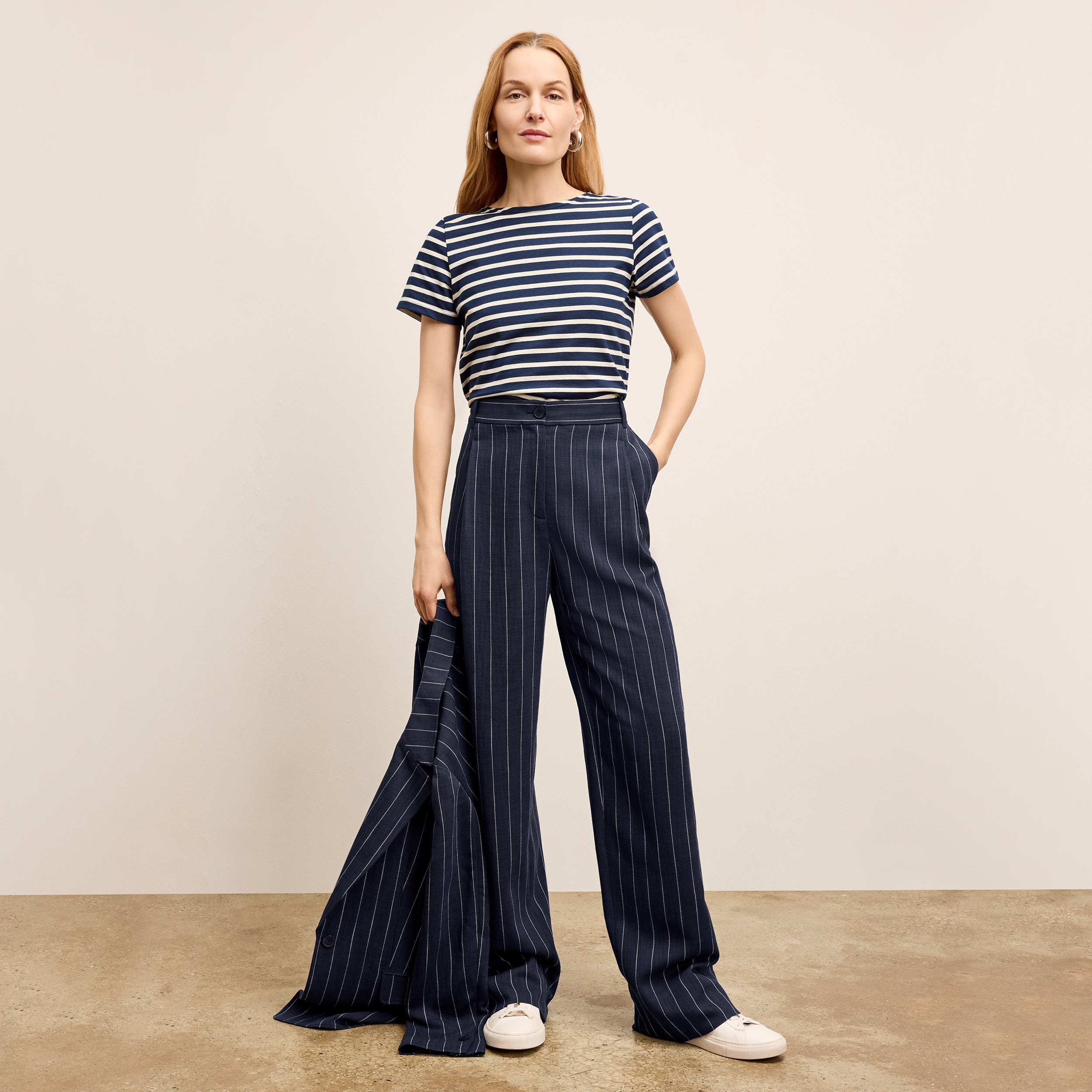 Fitz Pleated Summer Pinstripe Trousers for Men - Navy/Ivory Stripe - Office Wear & Casual Summer Outfits