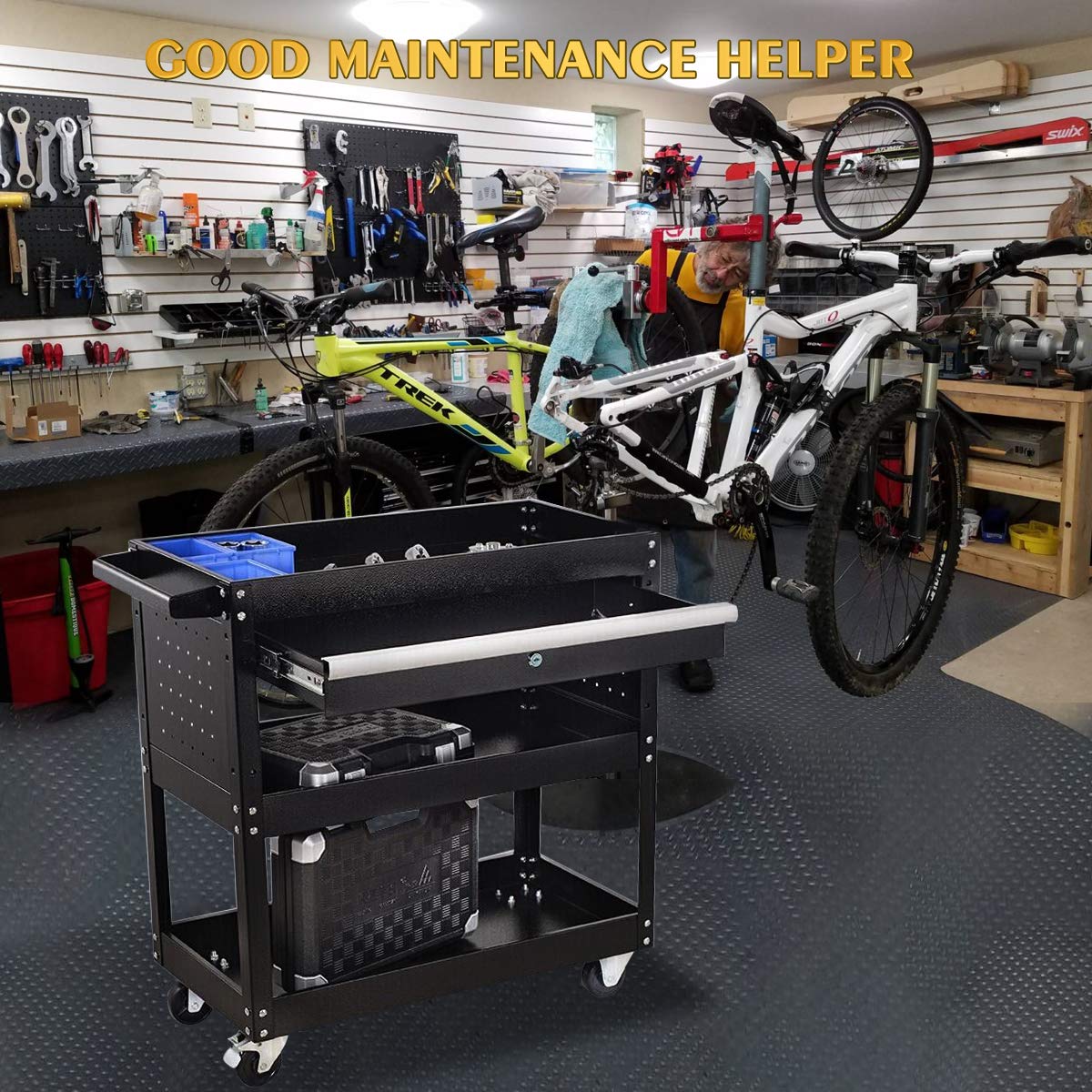X&T 3-Tier Heavy Duty Rolling Tool Cart with Drawer & Lock - 300 lbs Capacity Industrial Mobile Utility Cart on Wheels for Mechanics, Warehouse, Garage, Office & Home Use - Perfect for Organizing Tools & Cleaning Supplies (Black)