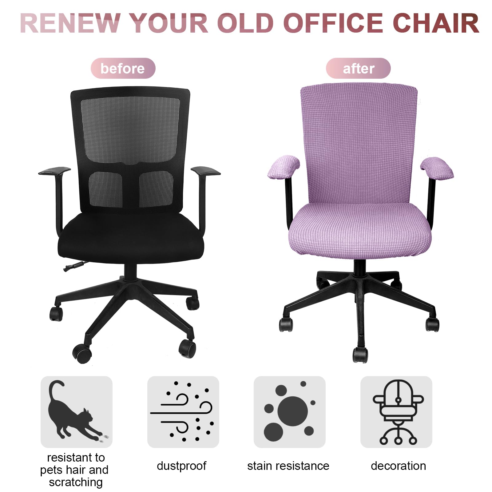 Tallew 4-Piece Stretchable Office Chair Cover Set - Universal Computer Chair Protector with Seat, Armrest & Backrest Cushion Covers (Lilac Purple, Polyester) for Home & Office Workspace