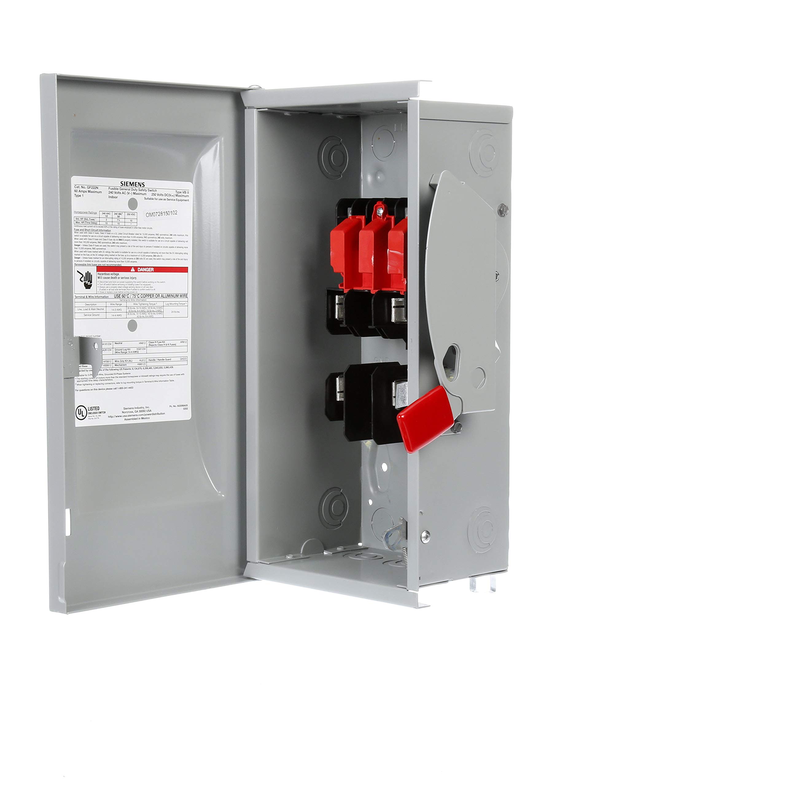 Siemens GF222N 60 Amp 2-Pole Fusible Safety Switch - Heavy Duty Electrical Panel Protection for Commercial & Industrial Use