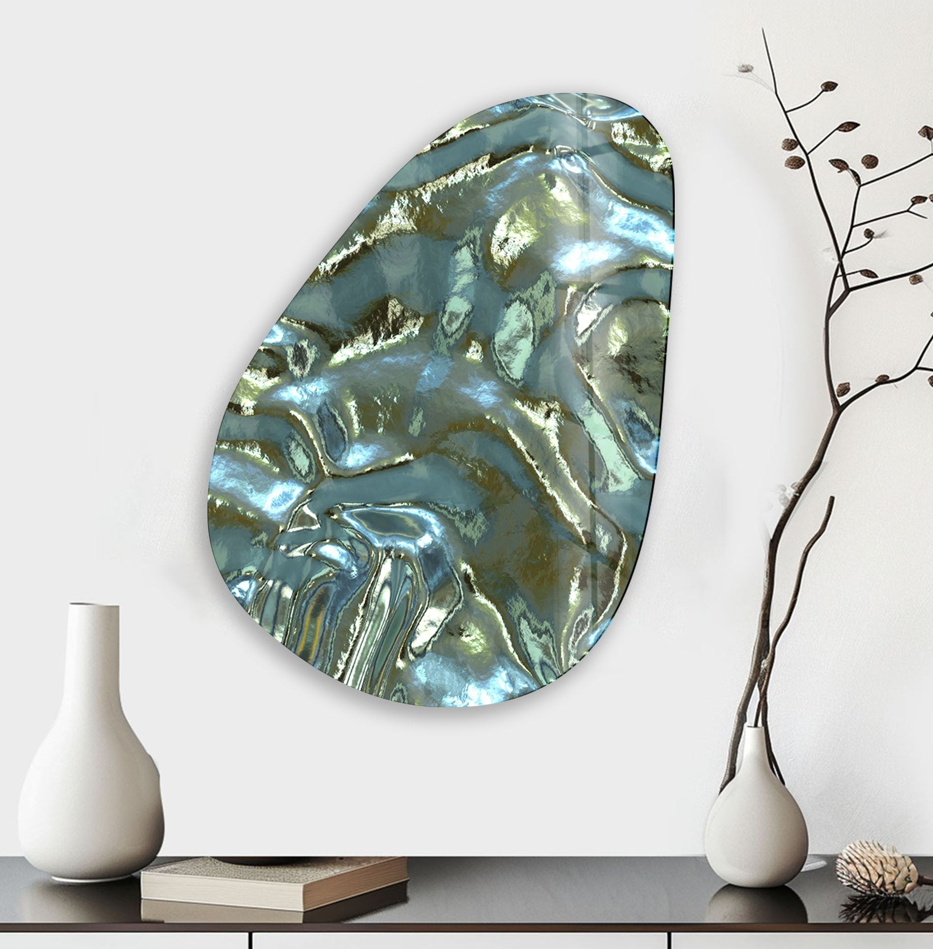 Abstract Glass Wall Art - Modern Asymmetrical Oval Shiny Decor for Living Room, Bedroom & Office | Contemporary Home Decoration