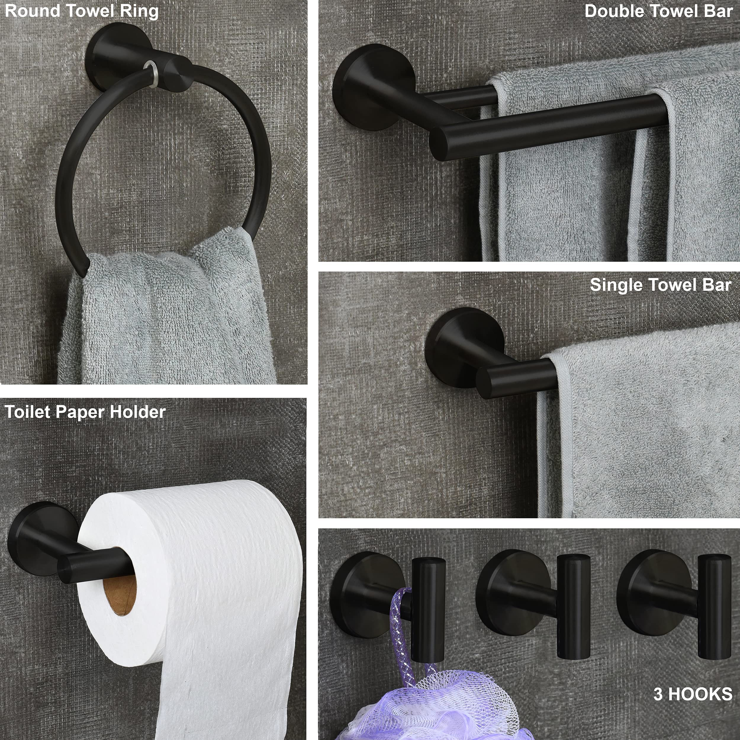 7-Piece Bathroom Hardware Set - Wall Mounted Towel Bar & Rack Set with Hooks - Matte Black Bathroom Accessories for Modern Home Decor - Perfect for Bathrooms, Powder Rooms & Spa Retreats