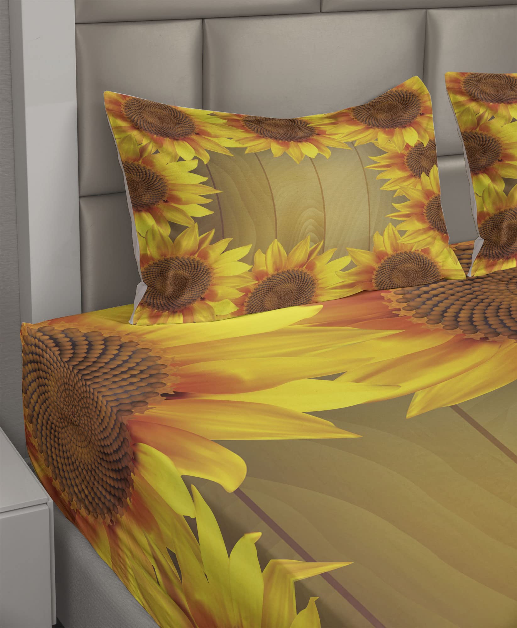 Ambesonne Sunflower King Size 4-Piece Sheet Set - Floral Circle Design on Wooden Background, Fitted & Flat Sheets with Pillowcases - Brown Orange Bedding for Farmhouse & Boho Chic Bedrooms