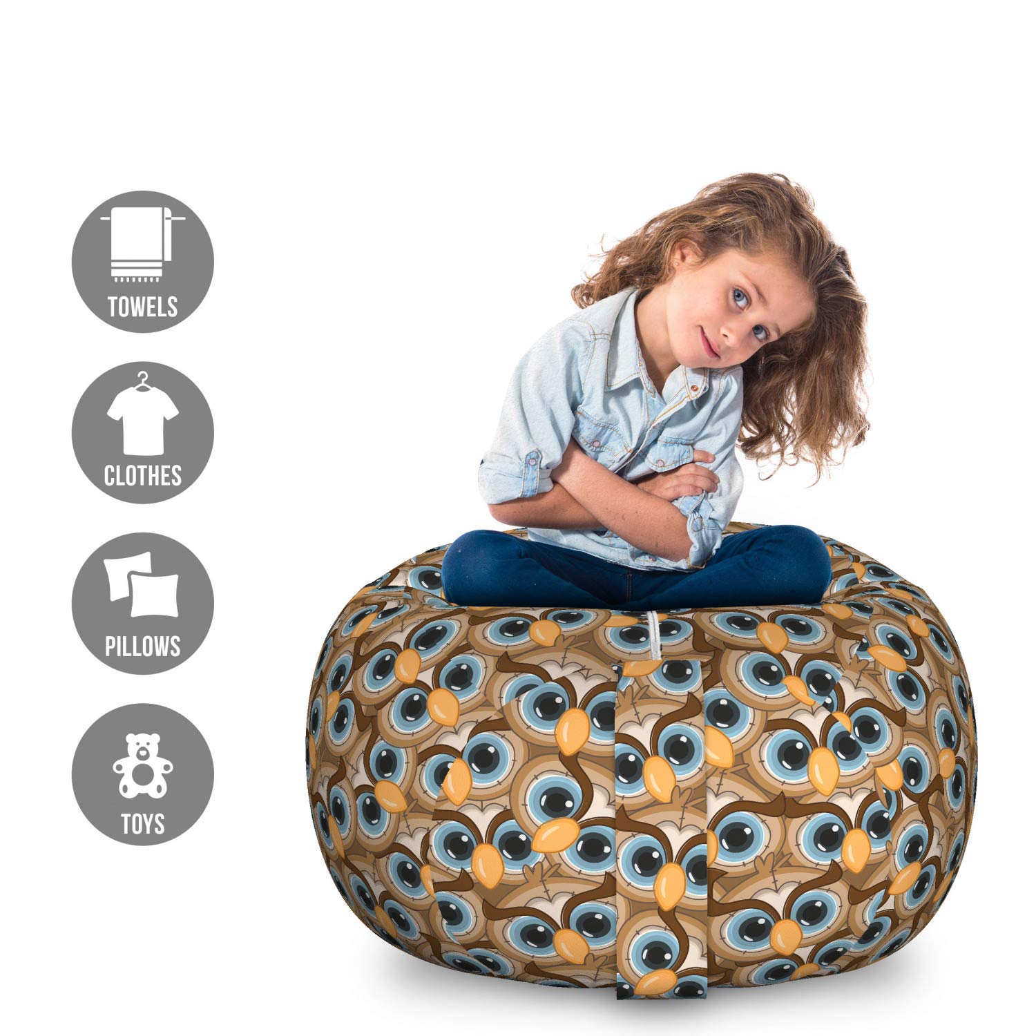 Ambesonne Owl Storage Bag Chair - Large Washable Toy Organizer with Fun Cartoon Animal Design, Blue Eyes Avian Portrait & Forest Fauna Pattern - Perfect for Kids' Room, Playroom, and Nursery Storage Solutions