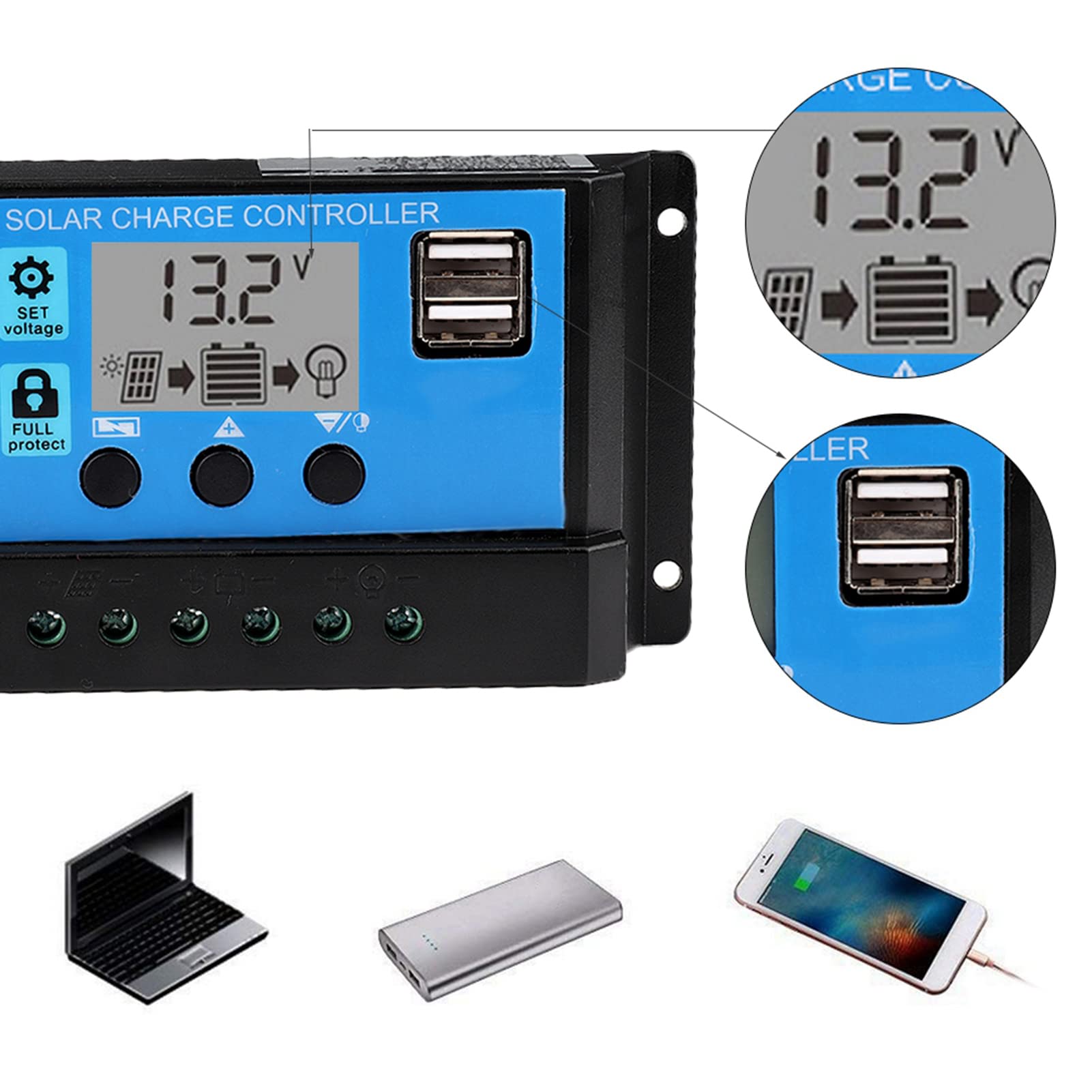 60A/50A/40A/30A/20A/10A 12V/24V Auto PWM Solar Charge Controller for RV, Boat, Off-Grid & Home Solar Systems - Efficient Power Management Solution