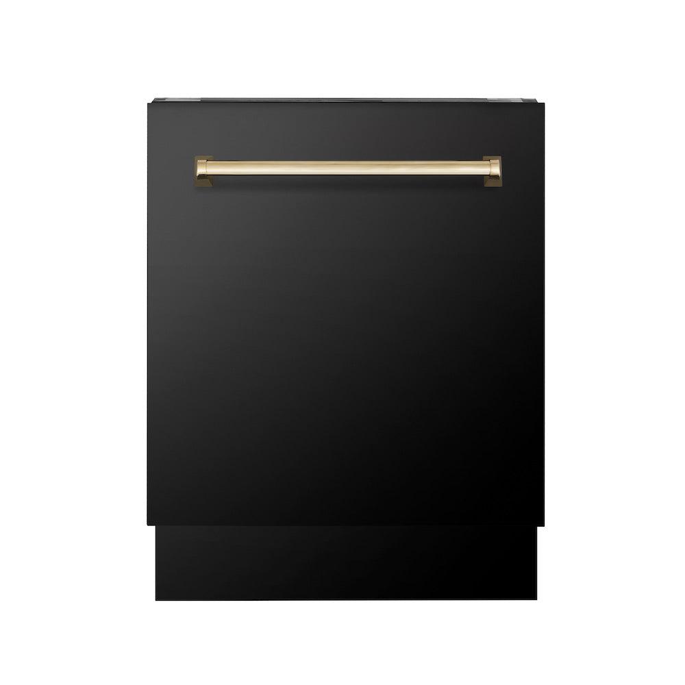 ZLINE Autograph Edition 36-inch Black Stainless Steel Dual Fuel Range with Range Hood & Dishwasher - Professional Kitchen Package with Polished Gold Accents (3AKP RABRHDWV36 G) | Perfect for Gourmet Cooking & Luxury Home Renovations