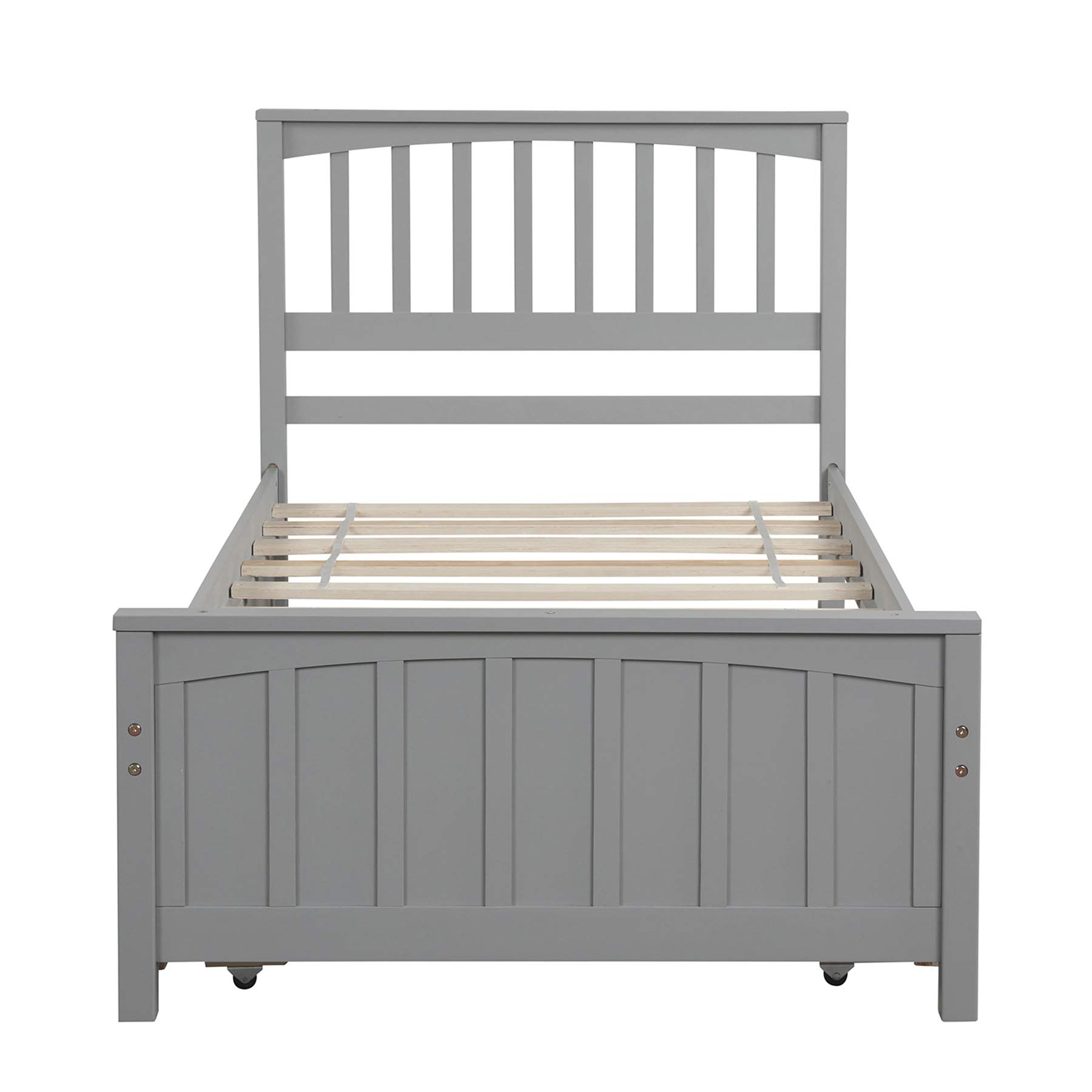 P PURLOVE Twin Size Wood Platform Bed Frame with Trundle - No Box Spring Needed, Gray - Perfect for Kids Rooms, Guest Beds & Small Spaces