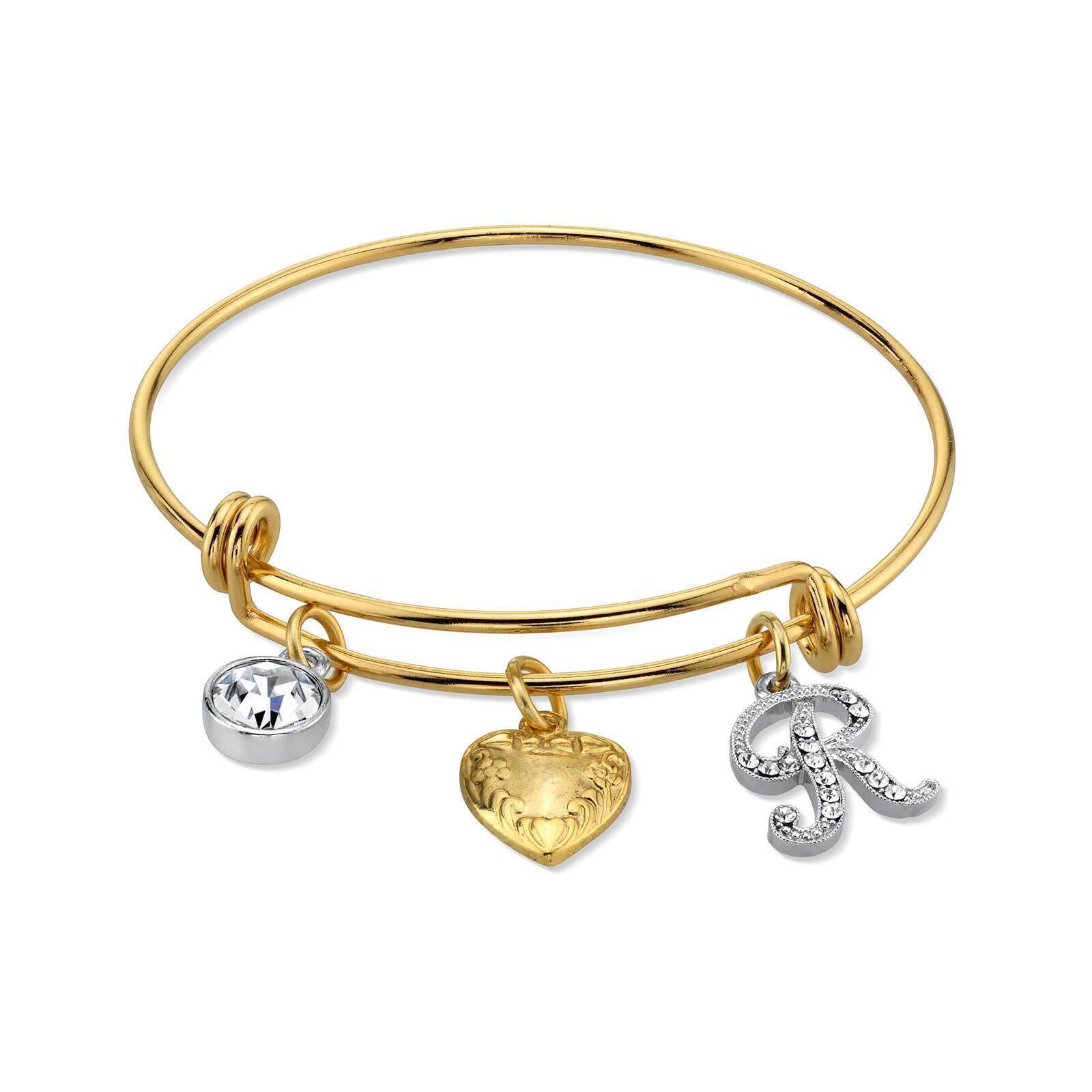 1928 Gold Heart Initial Crystal Charm Bangle Bracelet for Women - Personalized Name Jewelry Gift for Her - Perfect for Valentine's Day, Anniversary & Special Occasions