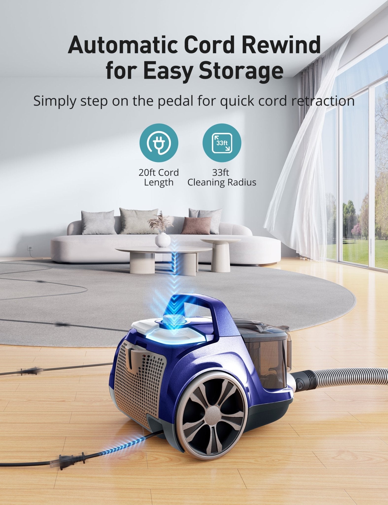 Aspiron® 1200W Powerful Bagless Vacuum Cleaner | 3.7QT Large Capacity Dustbin | Lightweight & Quiet | Blue | Ideal for Hardwood Floors, Carpets & Pet Hair Removal