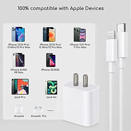 20W USB-C Fast Charger with Lightning Cable - PD Compatible for iPhone 12/11/XS/XR/X/8/Plus, iPad Pro/Air/Mini - White | Fast Charging for Home, Office & Travel