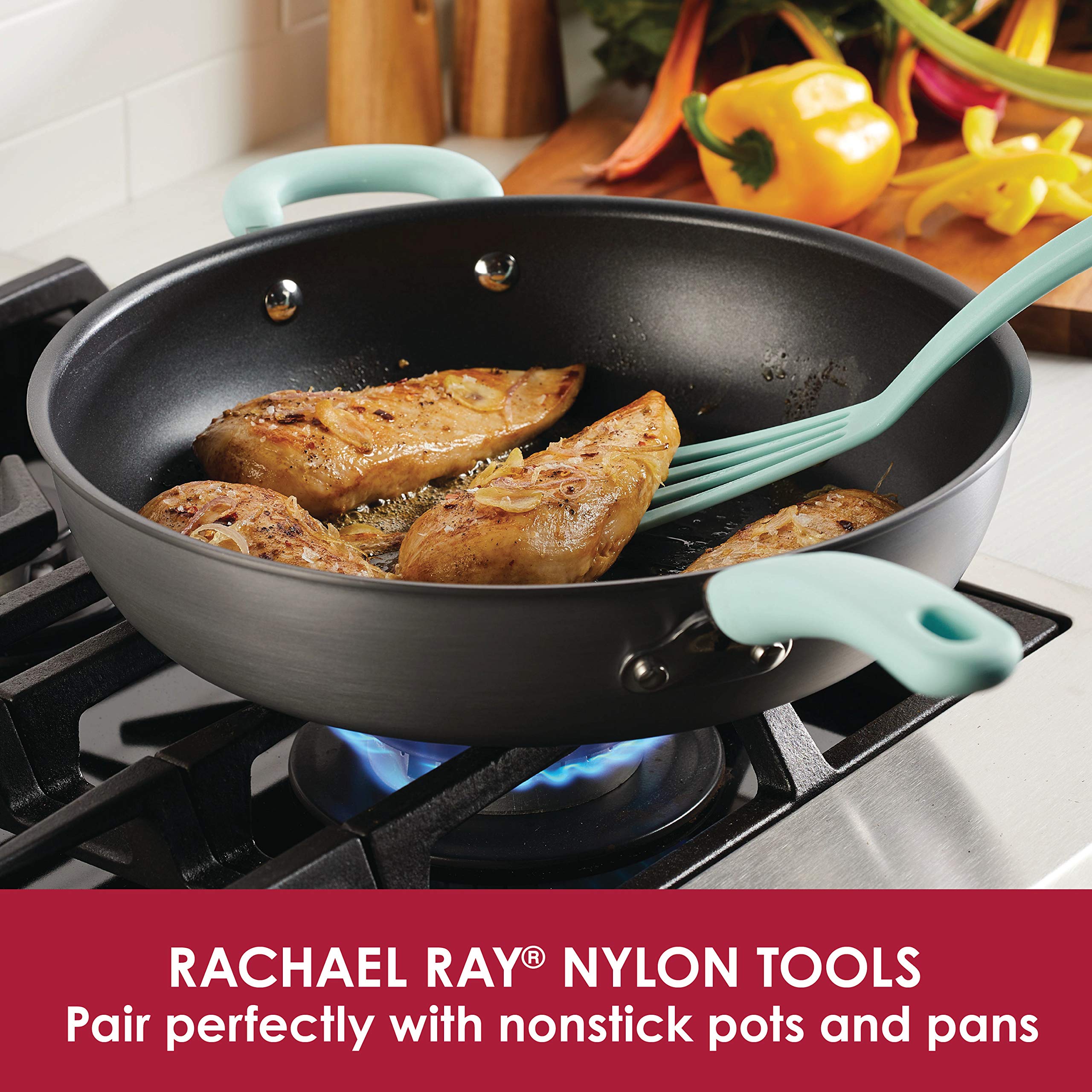 Rachael Ray Cucina Nonstick Bakeware Set - 10-Piece Non-Stick Baking Sheets, Cake Pan, Muffin & Bread Pan in Latte Brown with Red Grips + 2-Piece Red Nylon Cooking Utensils | Perfect for Baking Cookies, Cakes, Bread & More | Ideal for Home Bakers & Professional Kitchens