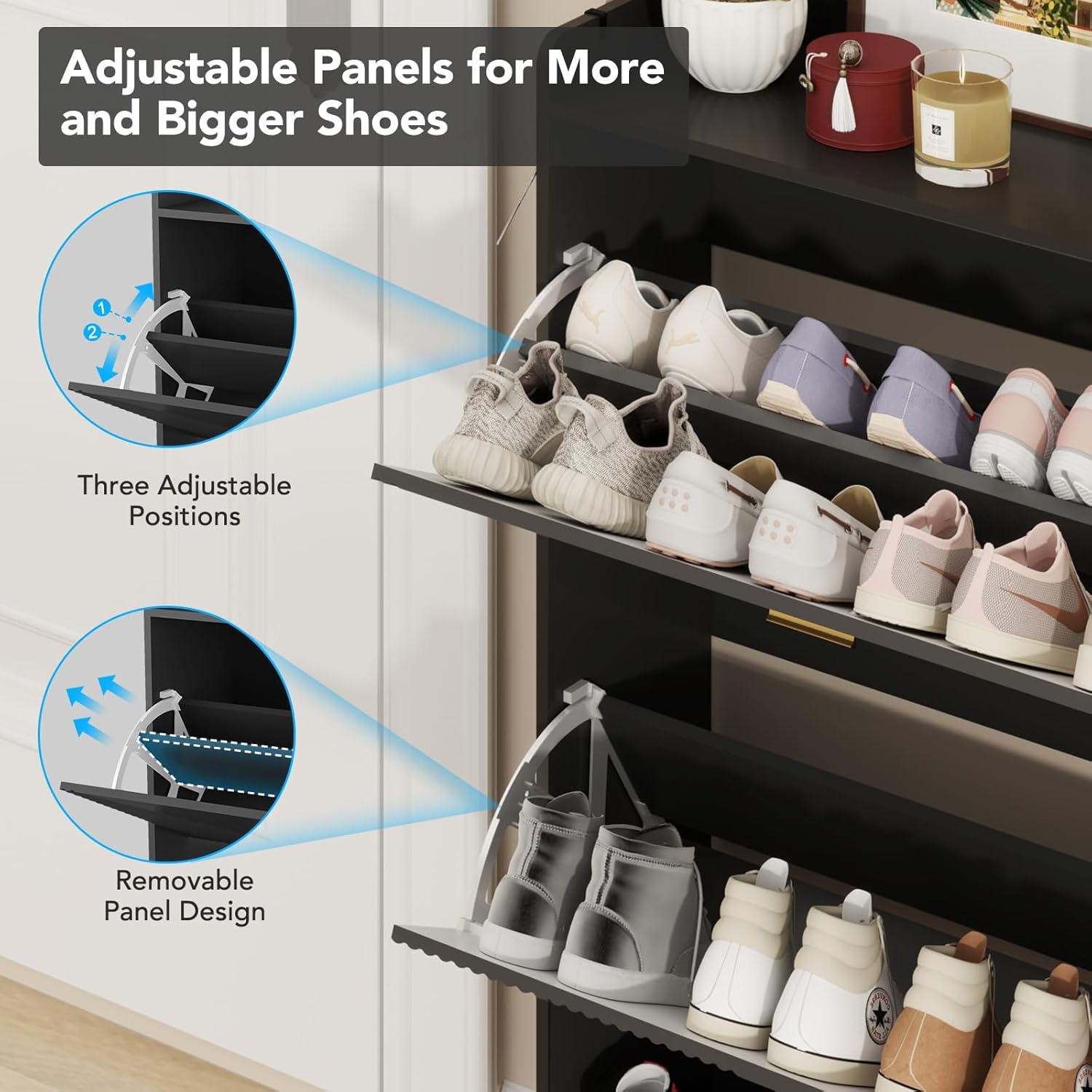 Black Wooden Shoe Storage Cabinet with Coat Hooks - Slim Entryway Shoe Organizer with 2 Flip Drawers & Hidden Doors - Perfect for Small Spaces, Hallways & Apartment Entry Organization