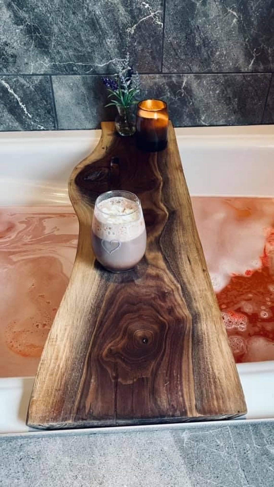 Live Edge Walnut Bathtub Tray - Natural Wood Bath Caddy for Spa Relaxation, Wine & Book Holder - Perfect Self Care Gift for Women, Mom, Wife (Mother's Day, Birthday, Anniversary) - Ideal for Bubble Baths & Pampering Sessions