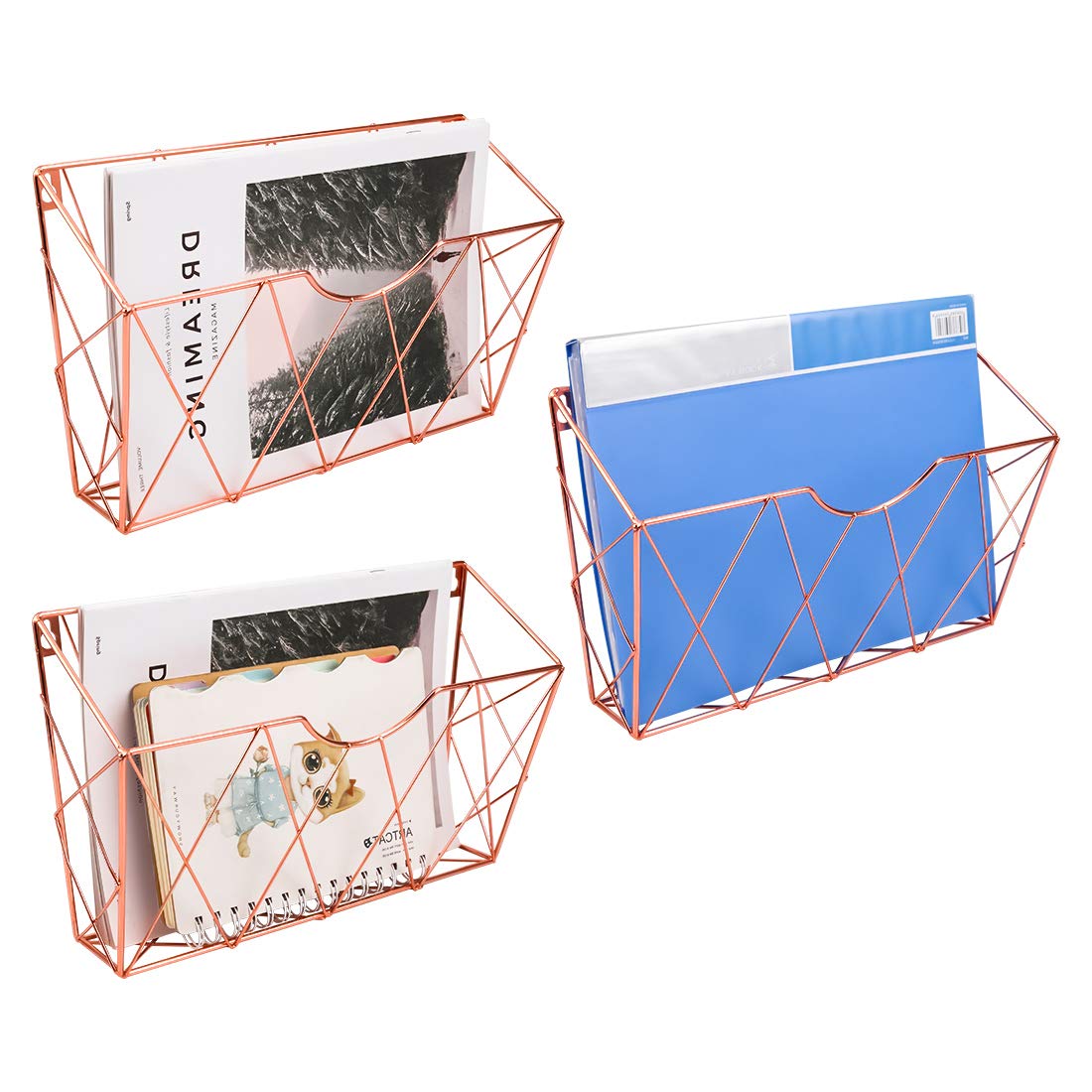 Rose Gold Hanging File Organizer - 3 Pocket Vertical Wall File Holder for Office & Home - Perfect for Organizing Documents, Papers & Mail