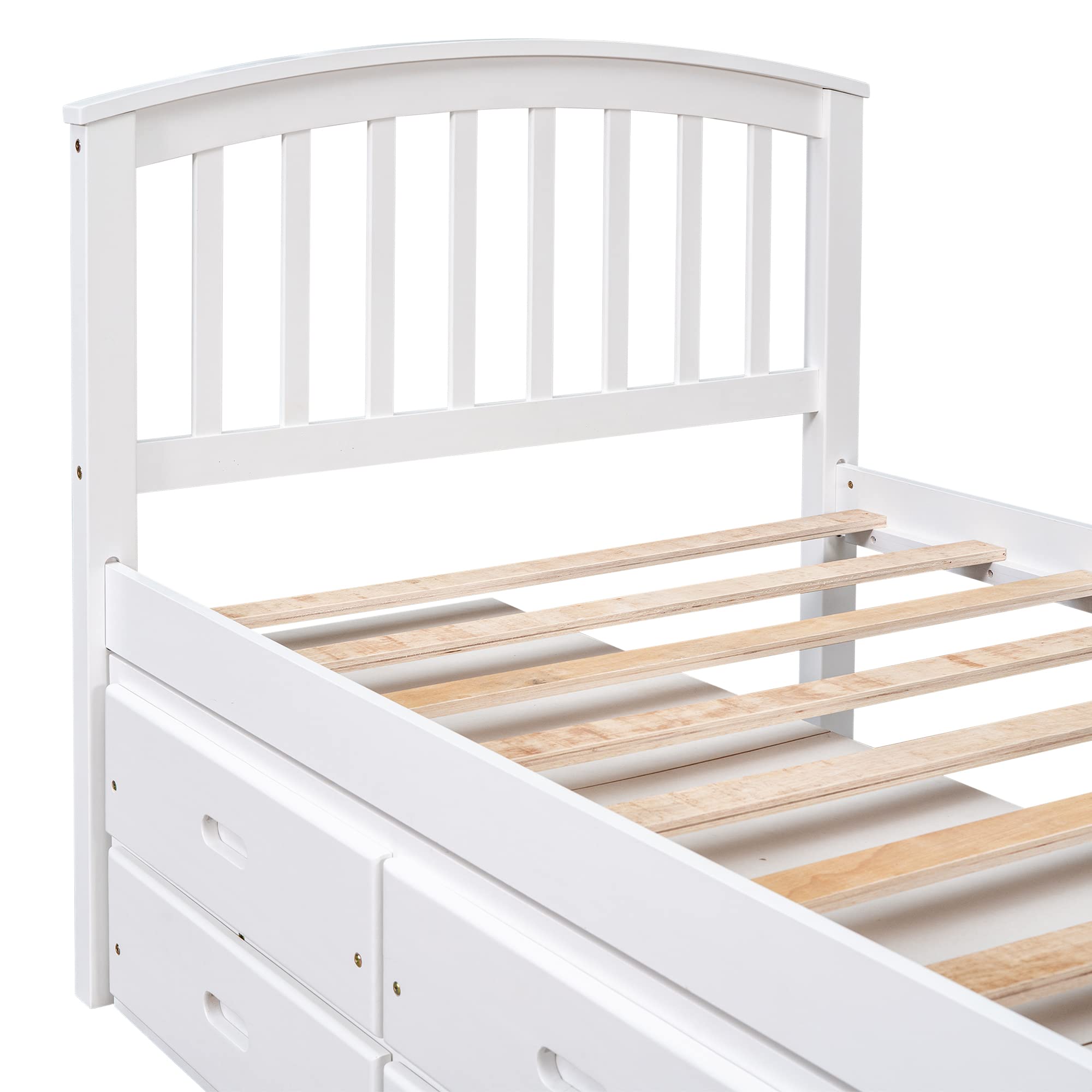 SOFTSEA Twin Size Wooden Bed Frame with 6 Storage Drawers - Platform Bed with Headboard & Footboard for Kids Bedroom - No Box Spring Needed - White - Perfect for Small Spaces & Guest Rooms