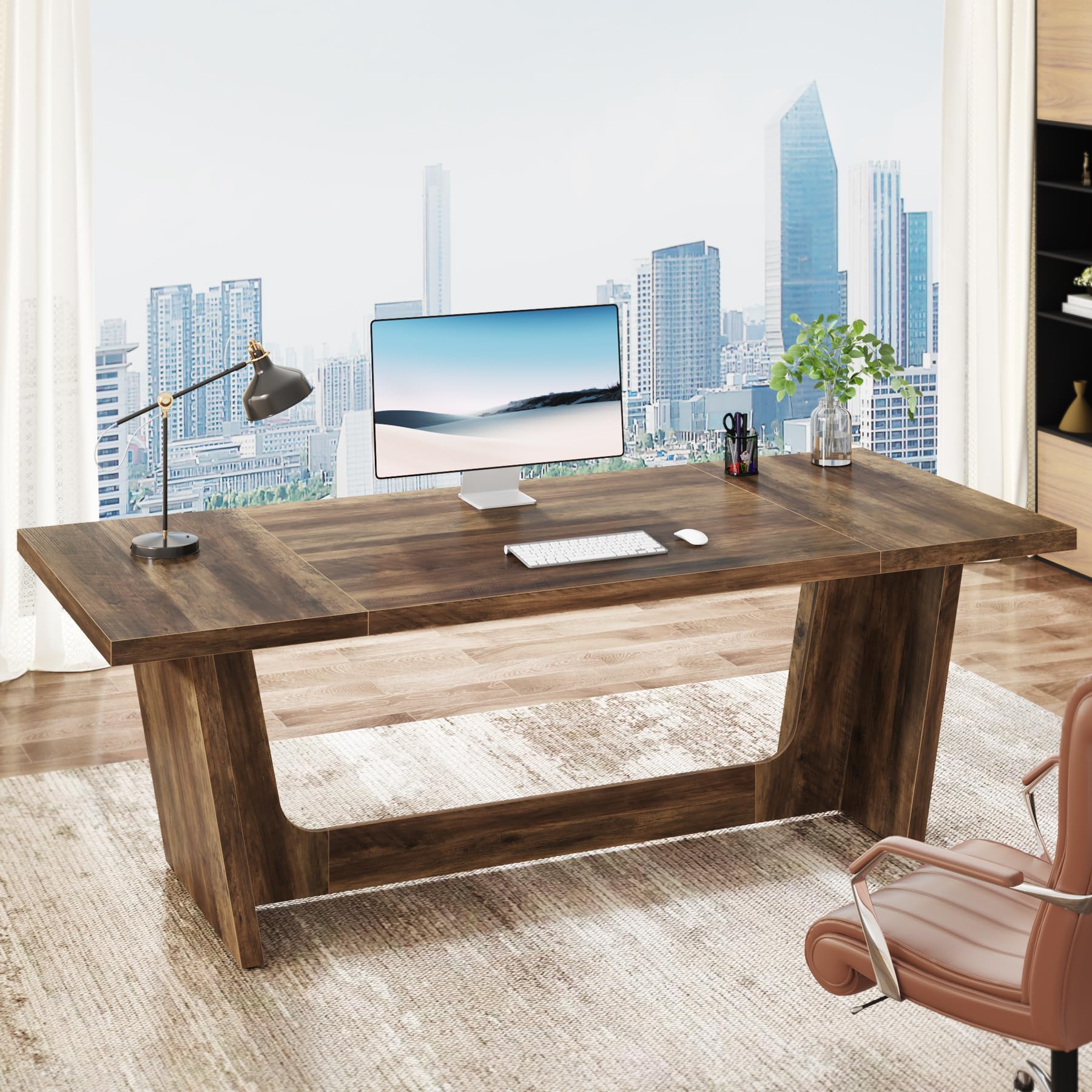 Tribesigns 70.87-Inch Executive Computer Desk - Solid Wood Home Office Desk with Industrial Style, Large Writing Table for Business & Study, Brown - Perfect for Home Office, Gaming Setup & Remote Workstation