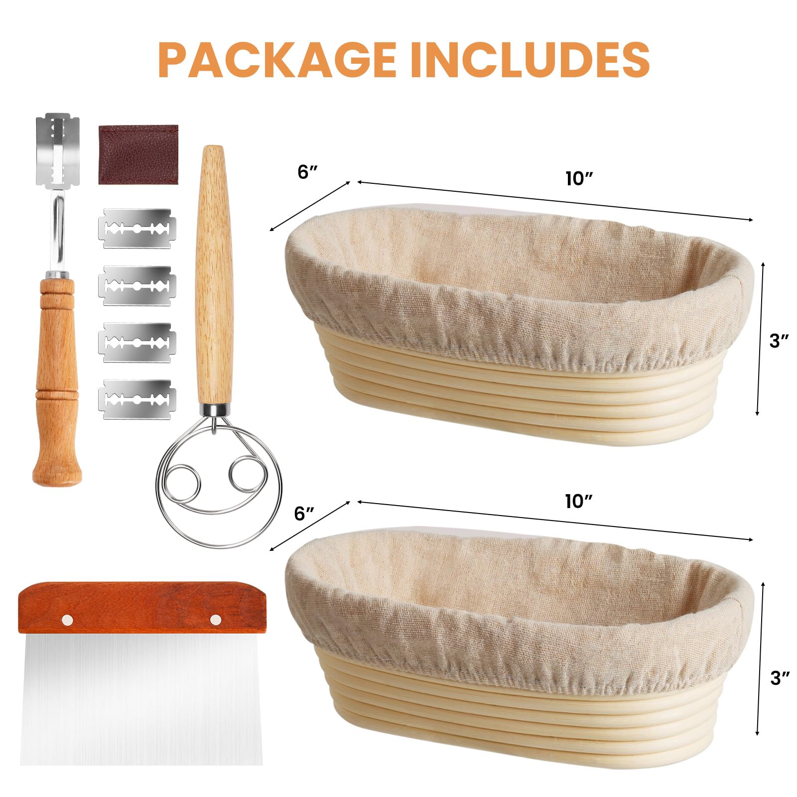 KIKCOIN 10 Inch Oval Banneton Bread Proofing Basket Set of 2 - Sourdough Baking Supplies Kit with Bread Lame, Linen Liner, Dough Scraper & Whisk | Perfect for Artisan Bread Making, Home Baking & Professional Bakeries
