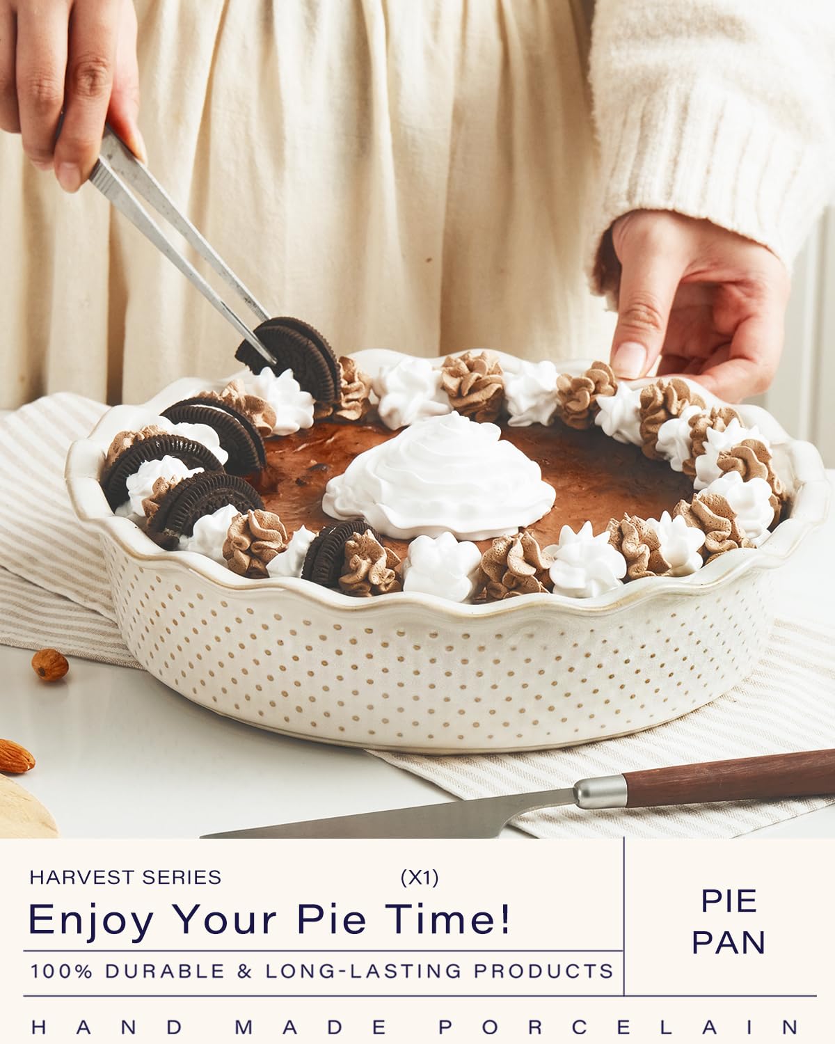 Getstar 9.5 Inch Ceramic Pie Pan - Non-Stick Deep Dish Pie Plate for Baking Apple, Pumpkin & Quiche - Oven & Dishwasher Safe Farmhouse Style Pie Dish - Perfect for Thanksgiving, Christmas & Family Gatherings