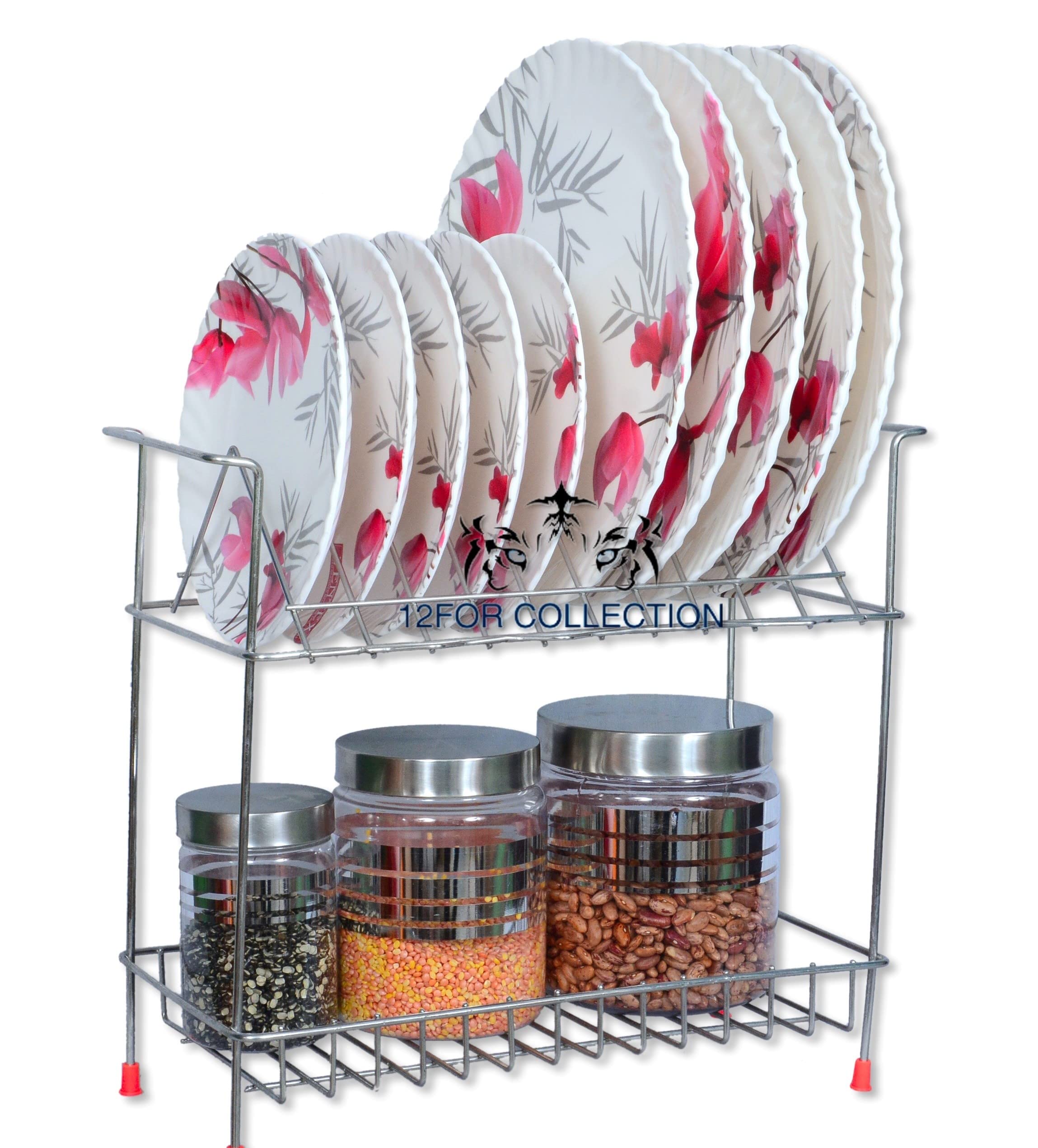 Stainless Steel 2-Tier Kitchen Dish Drainer & Organizer Rack - Plate, Utensil, Fruit & Vegetable Drying Storage Stand with Spice Boxes (38x18x34cm) - Perfect for Small Kitchens & Countertop Organization