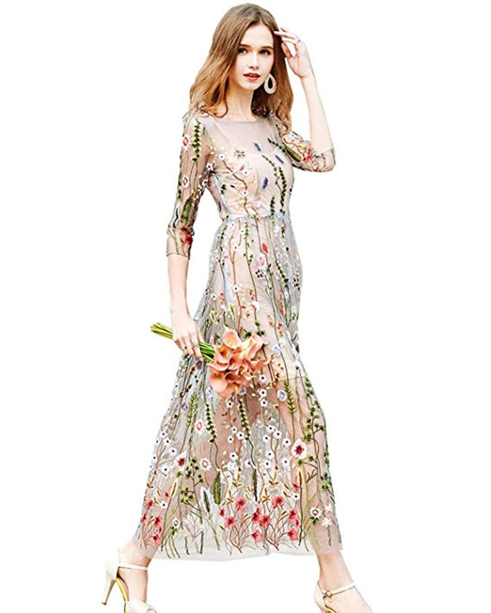 Elegant Floral Embroidery Prom Party Dress for Women - Long 3D Flower Evening Gown for Formal Events, Weddings & Special Occasions