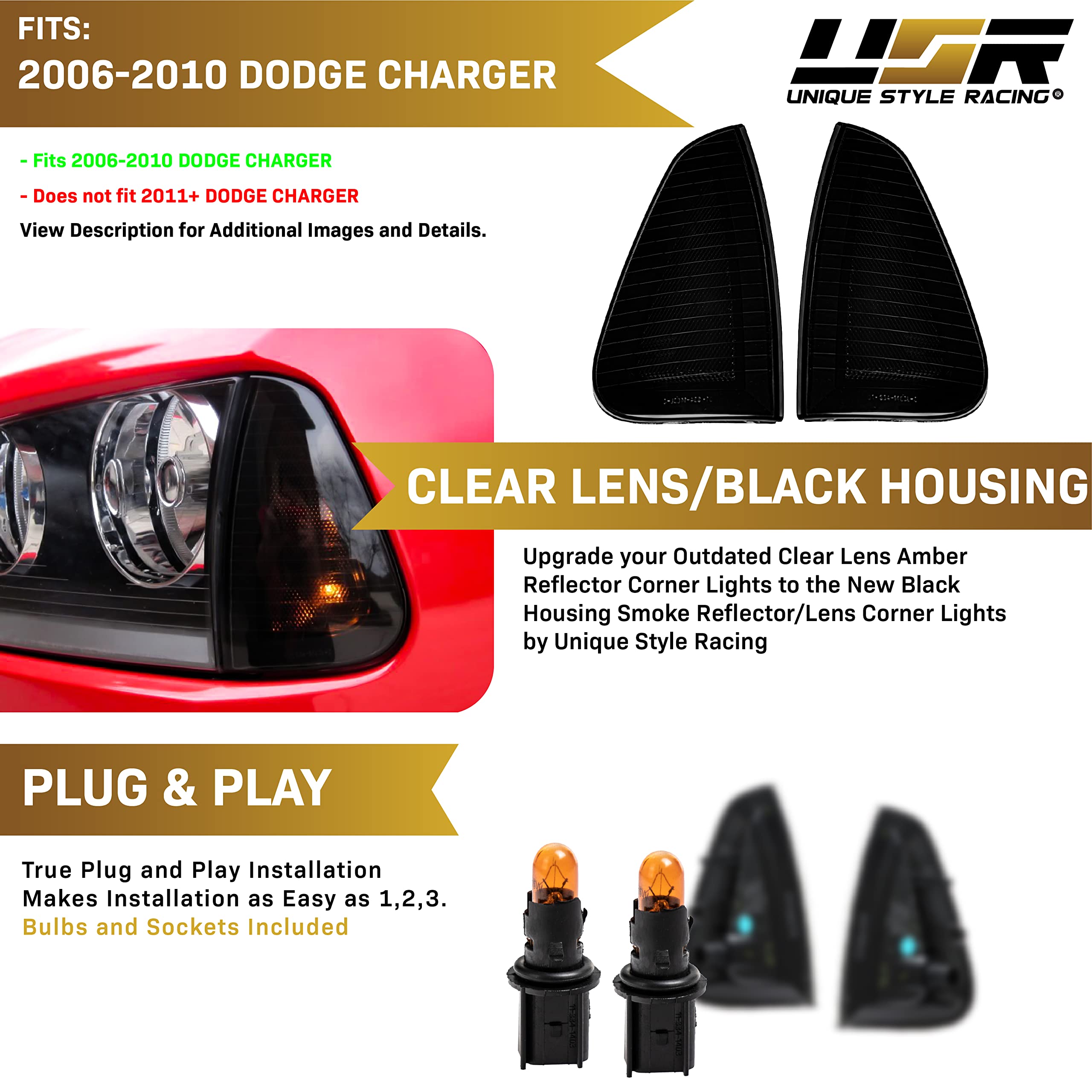 USR DEPO Black/Smoke Turn Signal Lights - Front Corner Lamps Pair (Left & Right) Compatible with 2006-2010 Dodge Charger Sedan | Smoked Lens Design | Easy Installation | Enhanced Visibility & Style for Night Driving & Custom Car Mods