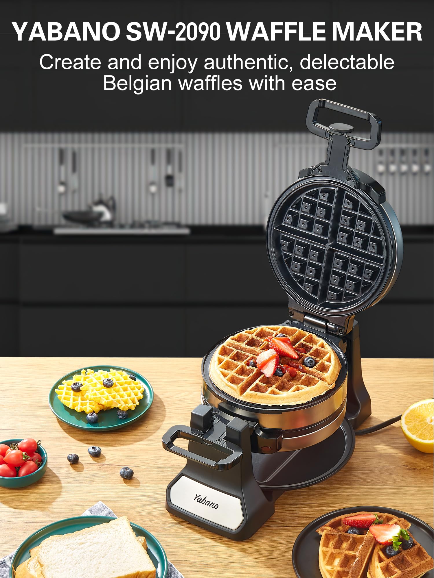 Yabano Belgian Waffle Maker - Professional Rotating Waffle Iron with Nonstick Plates, Removable Drip Tray & Cool-Touch Handles - Perfect for Breakfast, Brunch & Family Gatherings - Stainless Steel Double Flip Waffle Machine for Homemade Belgian Waffles