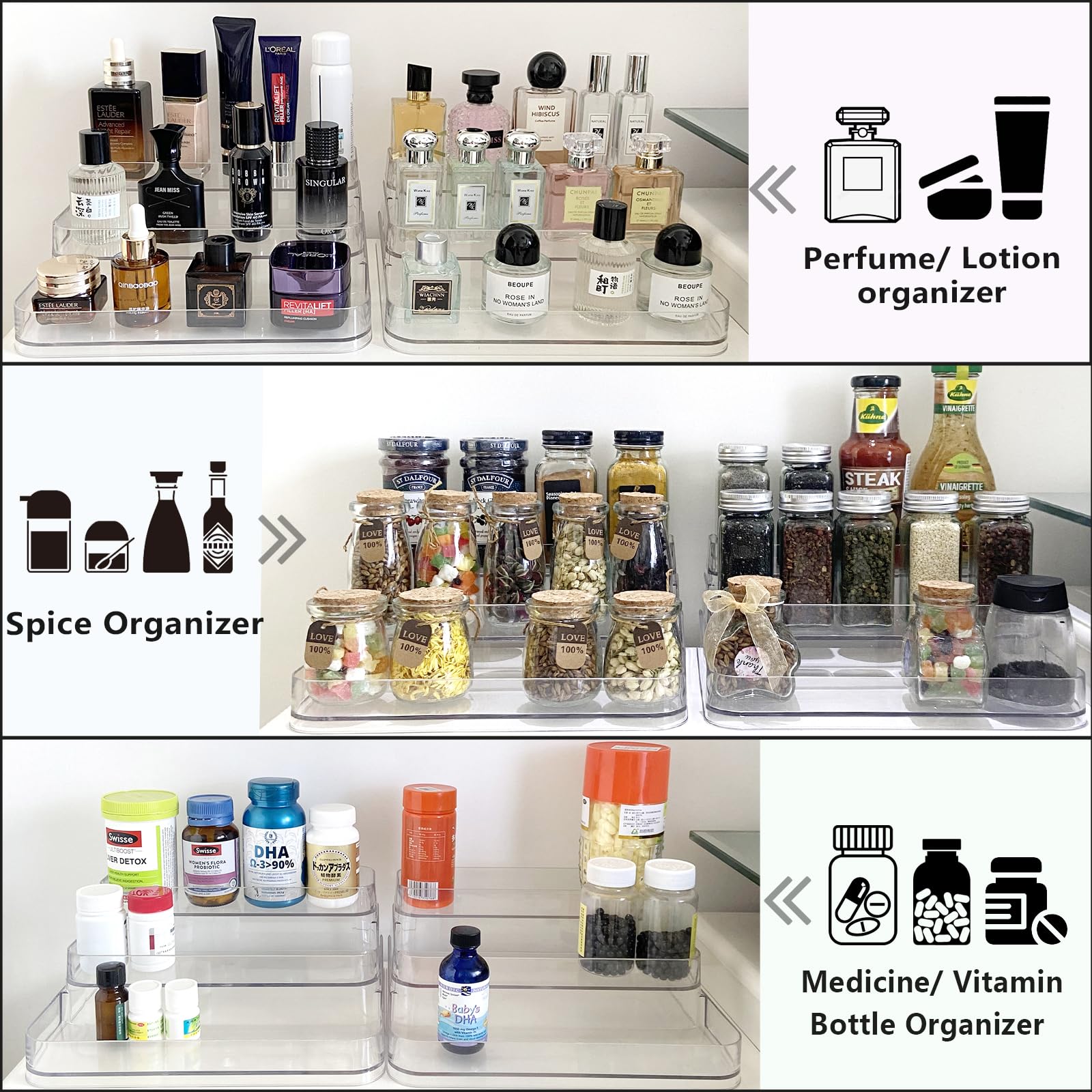 2-Pack Clear 3-Tier Perfume Organizer Shelf - Sturdy Skincare & Medicine Storage Rack for Lotions, Spices, Vitamins - Perfect for Bathroom Counter, Kitchen Cabinet & Vanity Organization