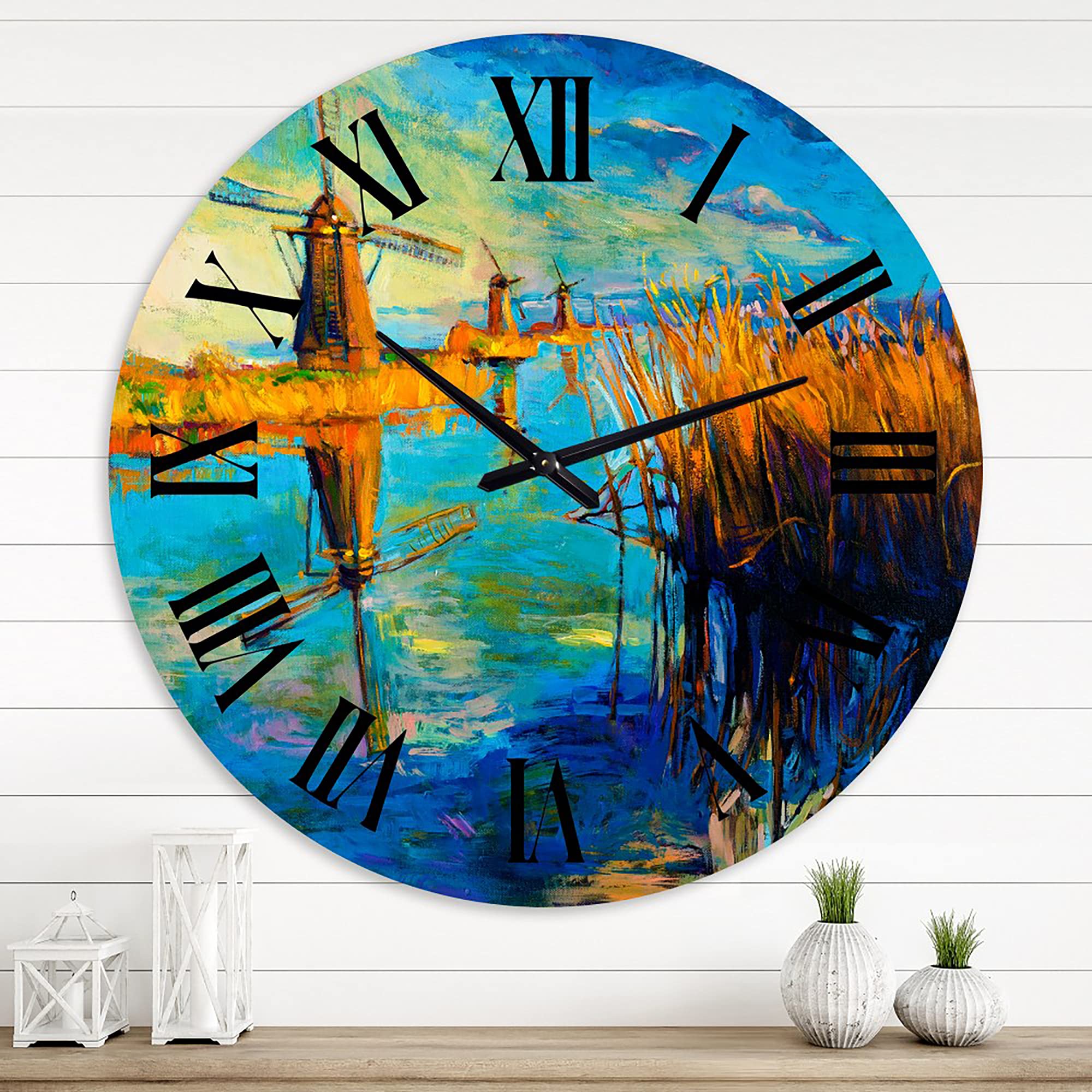 DesignQ Nautical & Coastal Wall Clock - 'Windmills by The Deep Blue Lake' - 12 Inch Round Blue Wall Clock for Home, Office & Beach House Decor - Perfect for Living Room, Bedroom & Coastal Themed Spaces