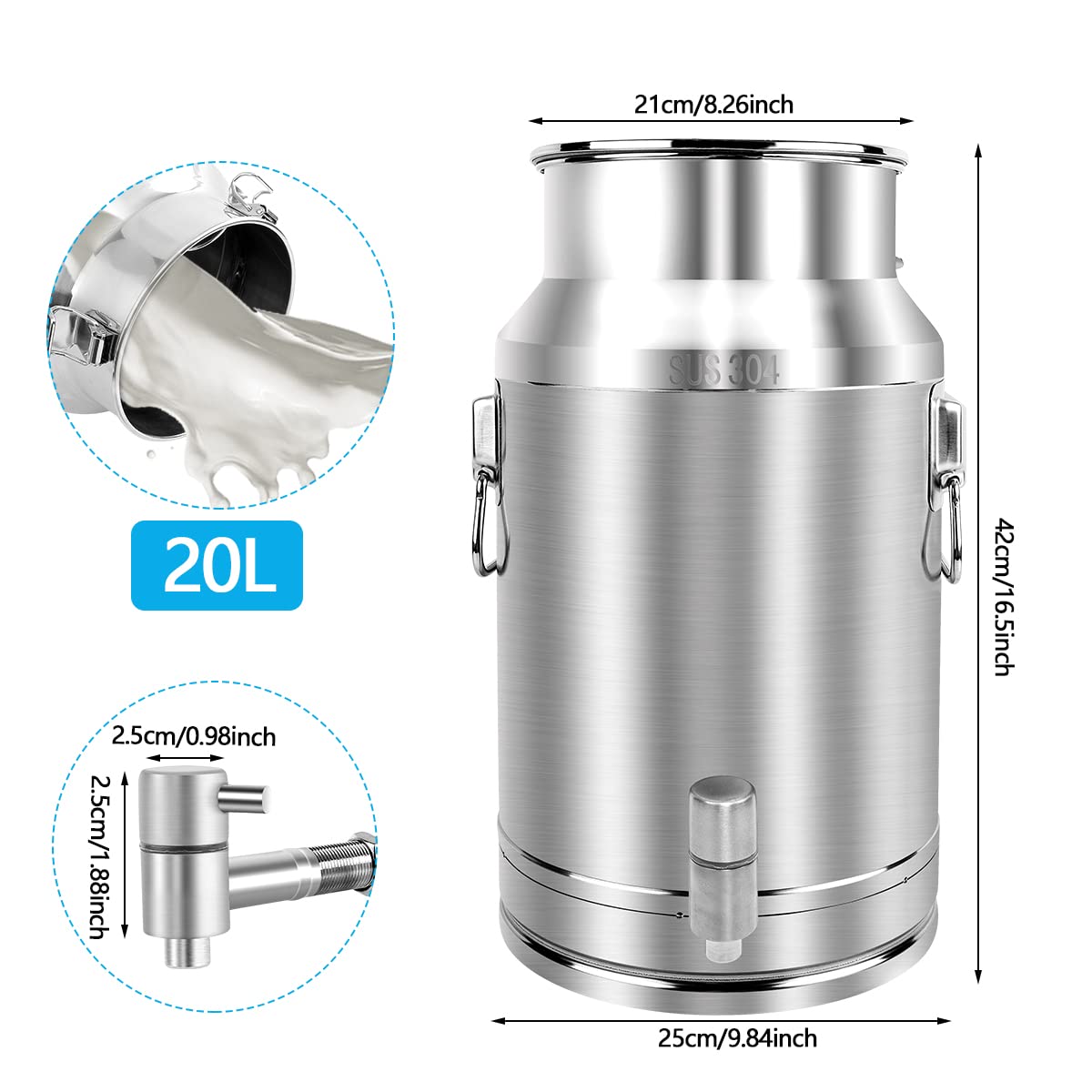 Premium 304 Stainless Steel 20L (5.25 Gallon) Milk Can with Spigot & Airtight Lid - Heavy Duty Food Grade Pail for Milk, Wine, Beer, and Beverage Storage - Ideal for Dairy Farms, Home Brewing, and Commercial Use