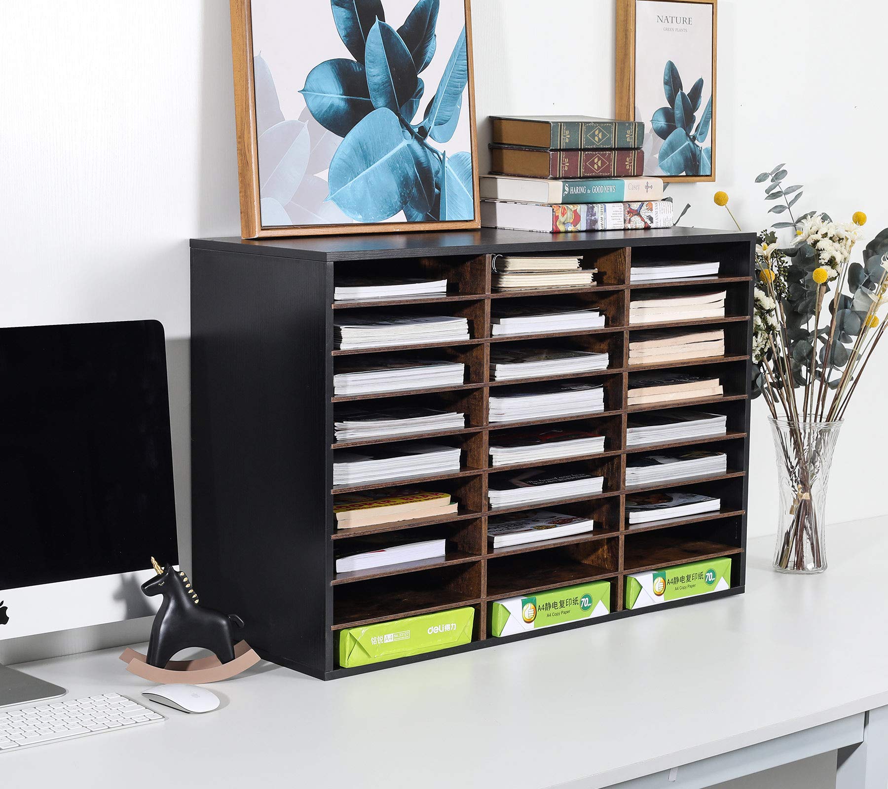 TQVAI Wooden Adjustable Literature Organizer - 27 Slot Desktop File Sorter, Mail Center & Paper Storage Cabinet for Home Office, School Classroom - Black/Antique Style | Perfect for Organizing Documents, Letters, and Office Supplies