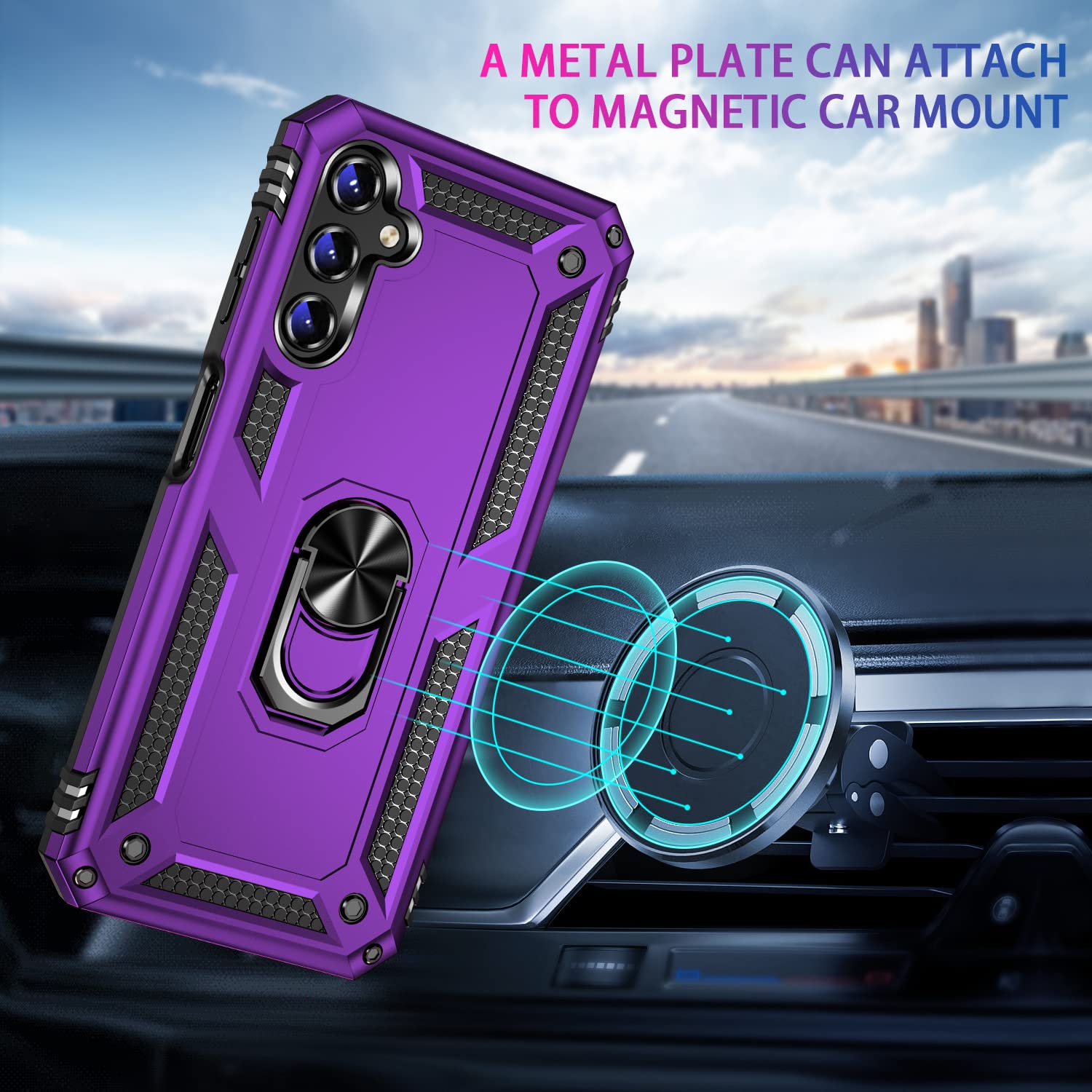Samsung Galaxy A14 5G Case with Screen Protector (2 Pack) - Military Grade Shockproof Phone Cover, Magnetic Ring Kickstand, 16ft Drop Tested - Purple | Perfect for Outdoor Activities, Travel & Daily Protection